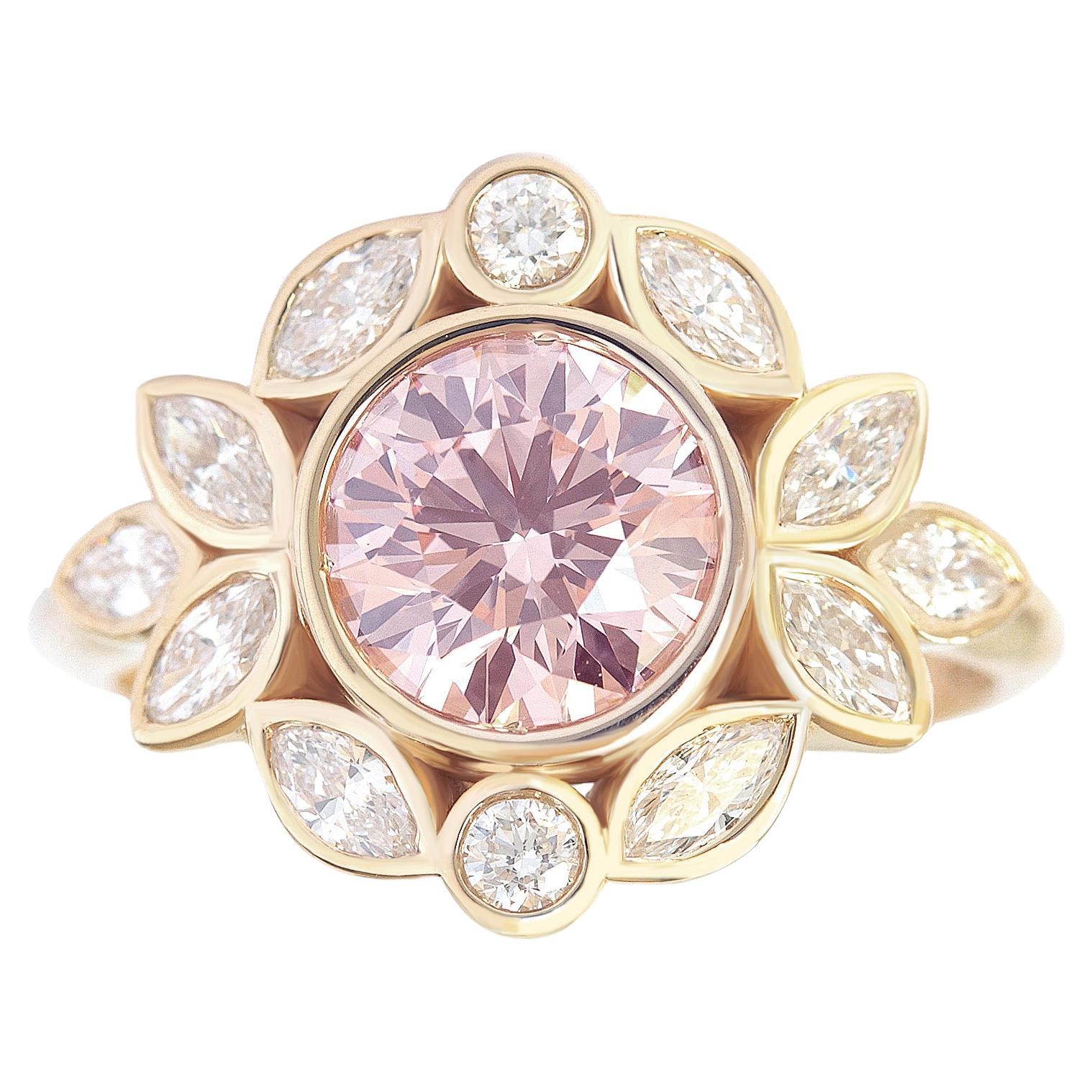 Pink Round Diamond Bezel Set Flower Unique Vintage Engagement Ring ...