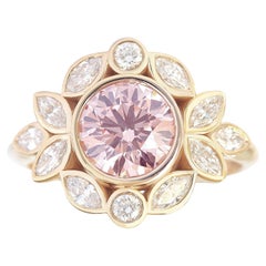 Pink Round Diamond Bezel Set Flower Unique Antique Engagement Ring "Lily Emma"