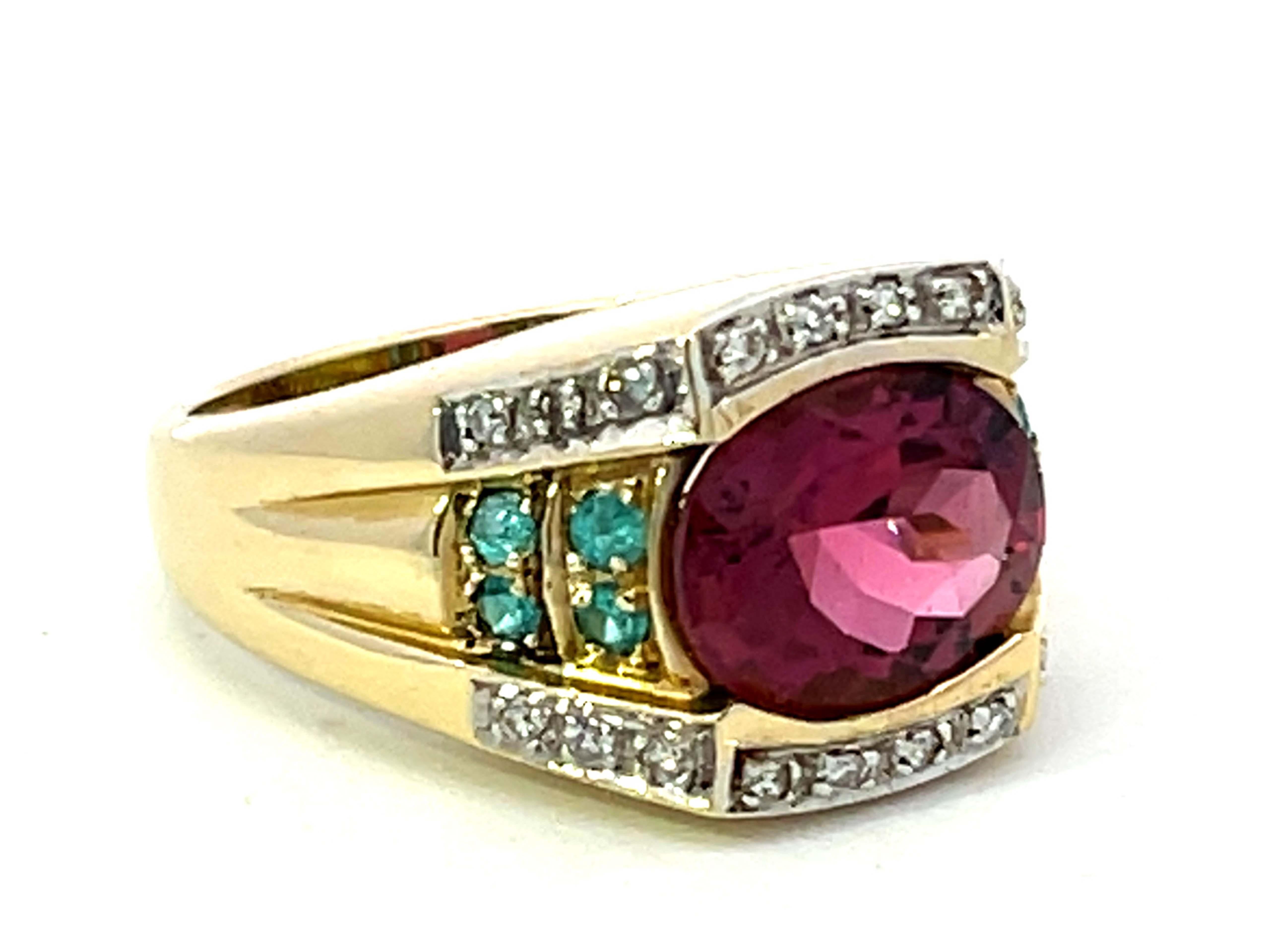 Art Déco Anello con granato di rubellite rosa, paraiba blu e tormalina e diamante in oro giallo 14k in vendita