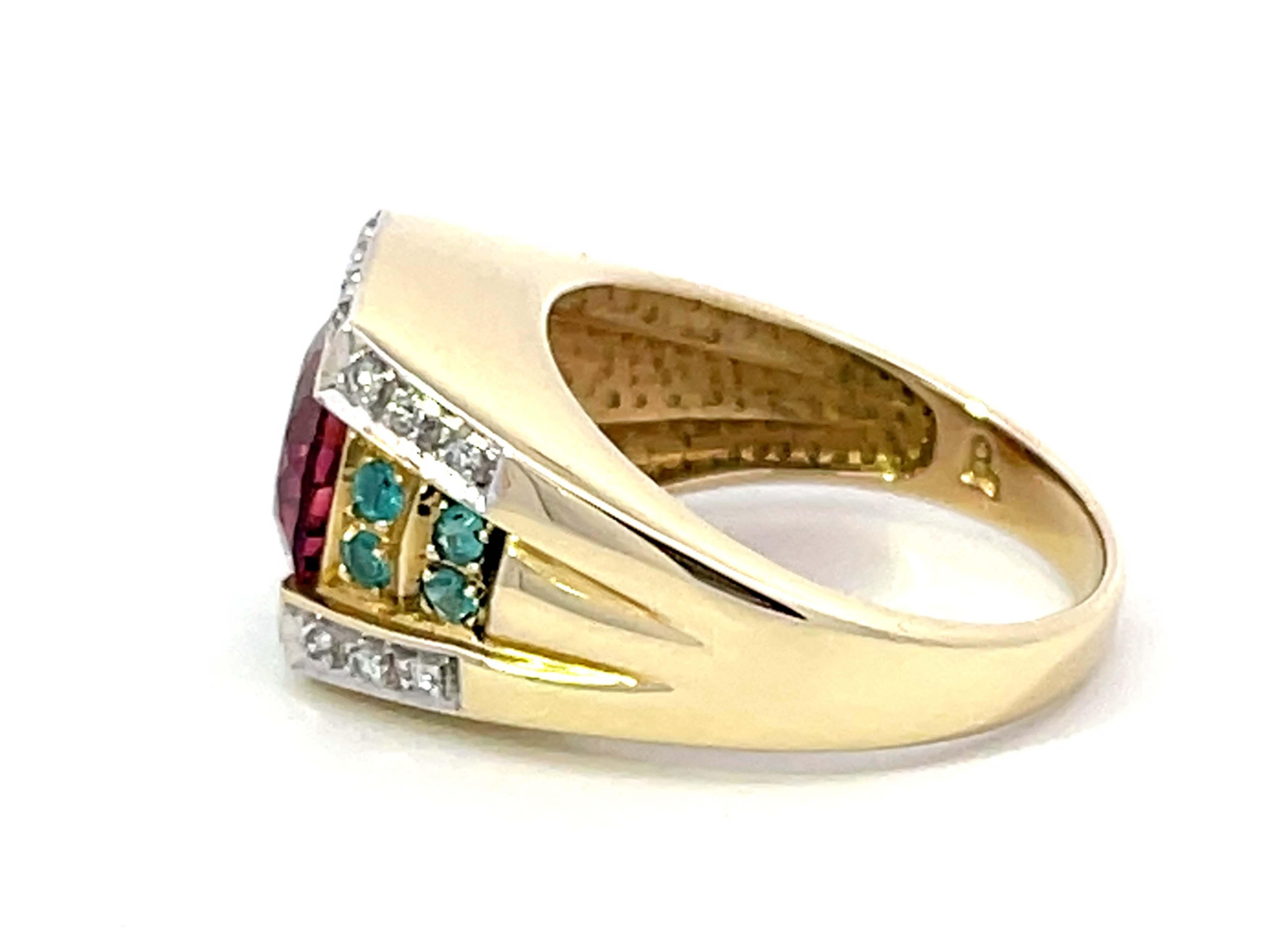 Uomo Anello con granato di rubellite rosa, paraiba blu e tormalina e diamante in oro giallo 14k in vendita