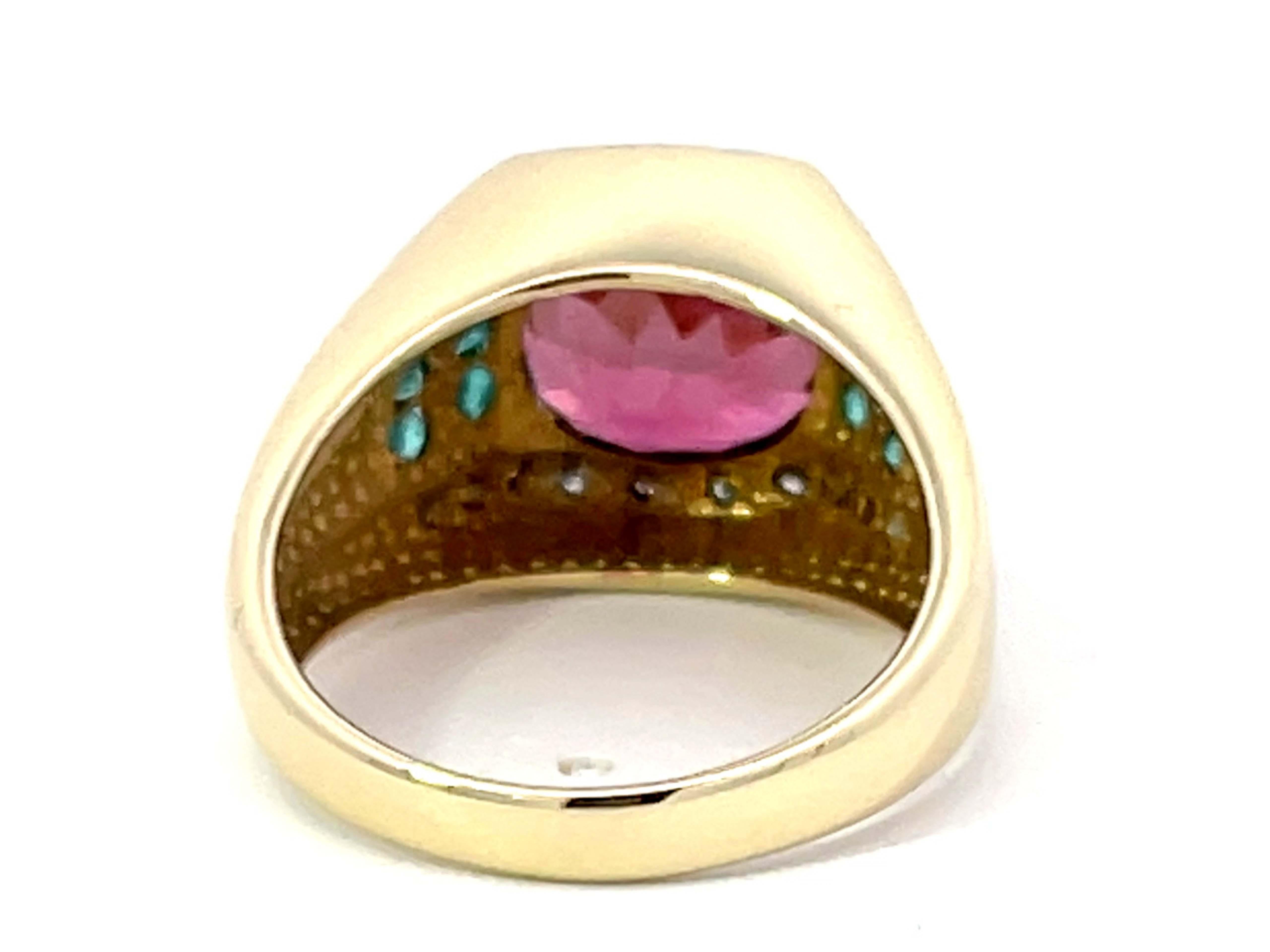 Anello con granato di rubellite rosa, paraiba blu e tormalina e diamante in oro giallo 14k in vendita 1