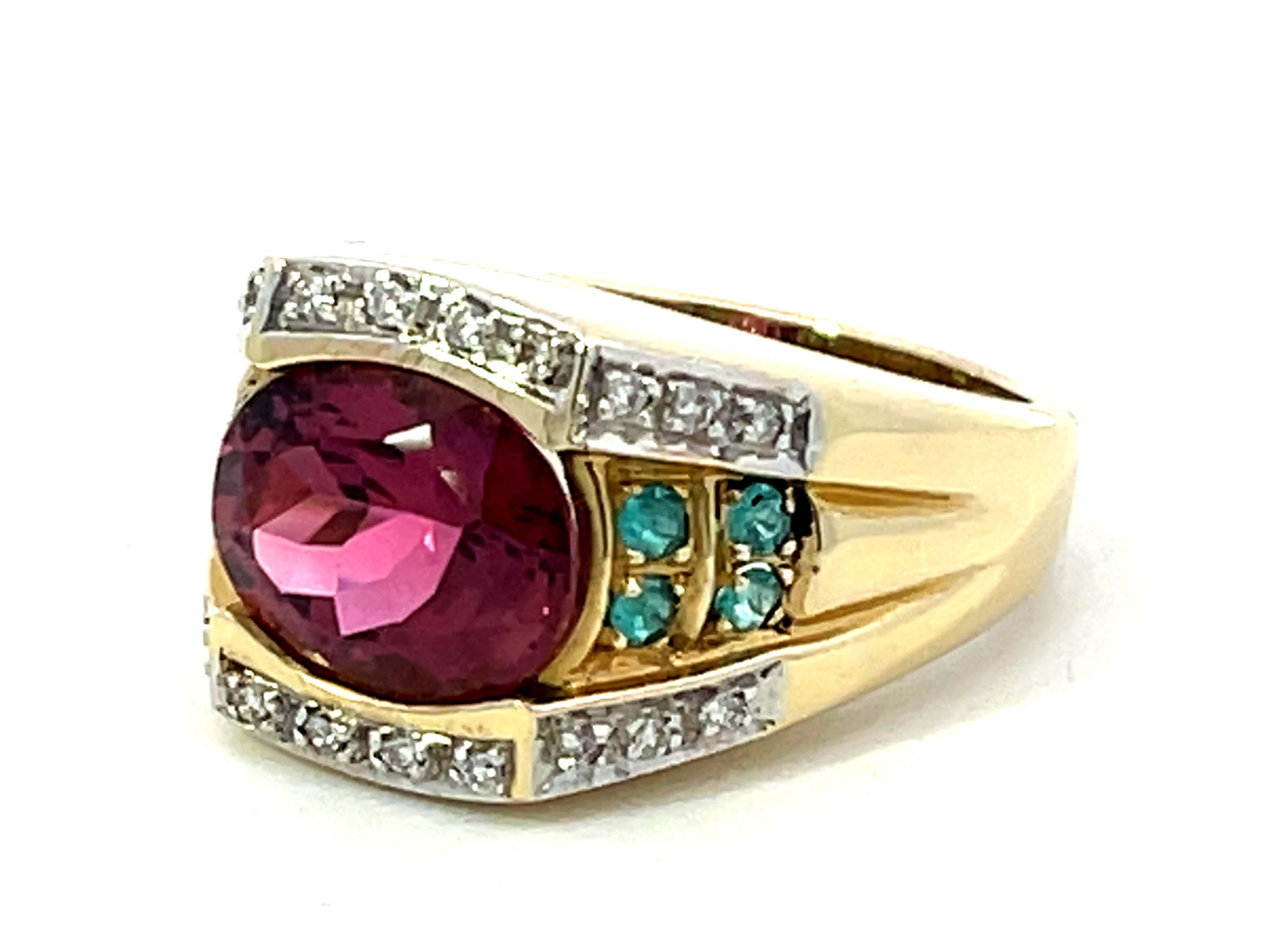 Art Deco Pink Rubellite Garnet, Blue Paraiba Tourmaline, Diamond Ring in 14k Yellow Gold For Sale