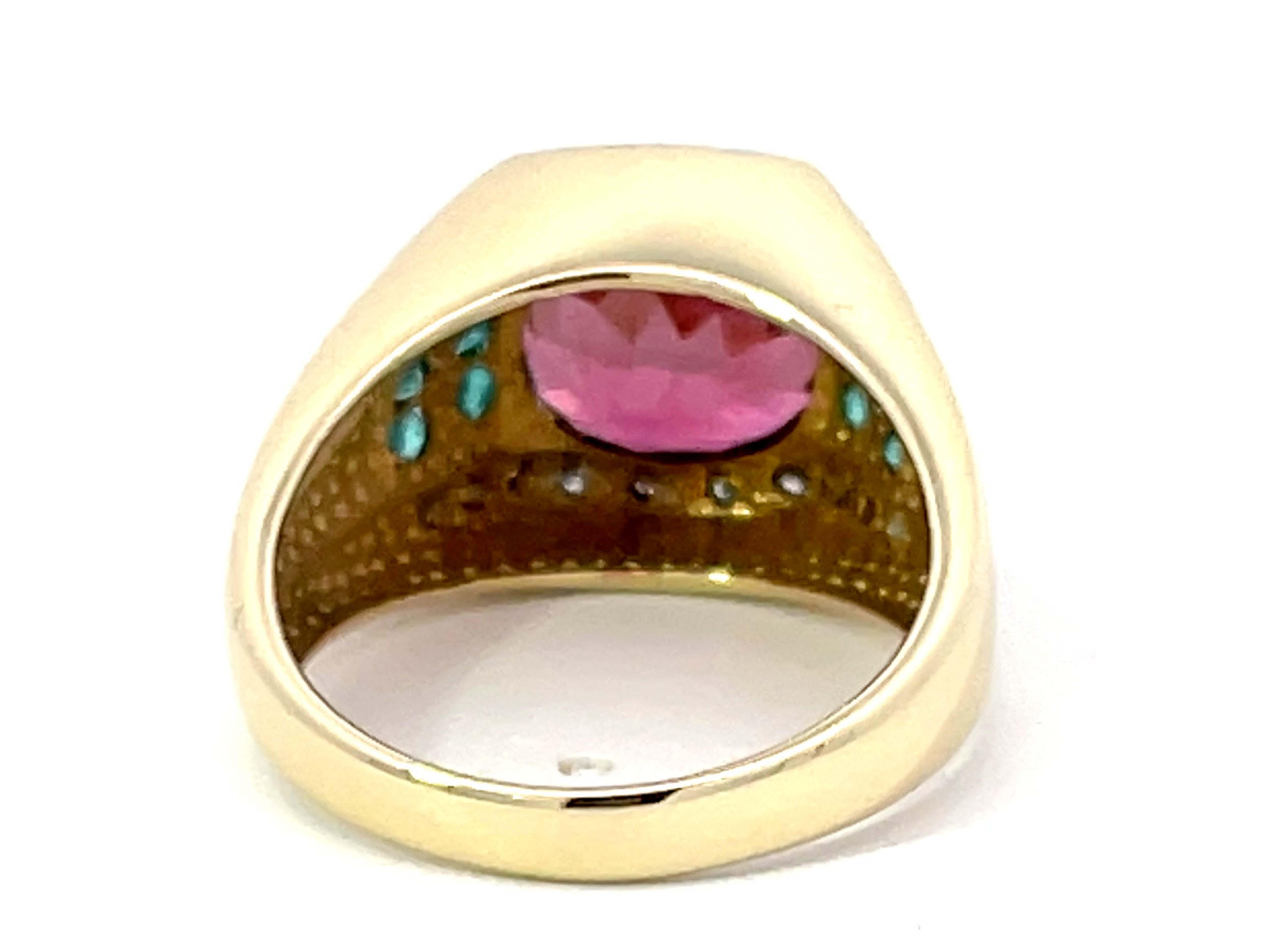 Women's Pink Rubellite Garnet, Blue Paraiba Tourmaline, Diamond Ring in 14k Yellow Gold For Sale