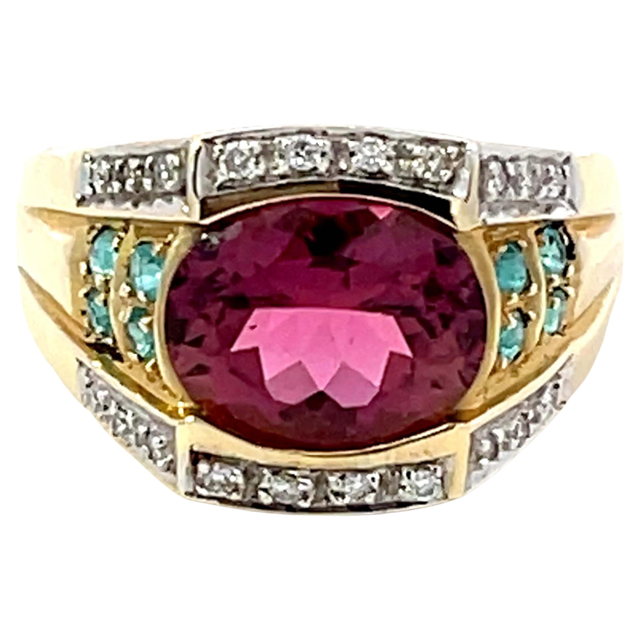 Pink Rubellite Garnet, Blue Paraiba Tourmaline, Diamond Ring in 14k Yellow Gold
