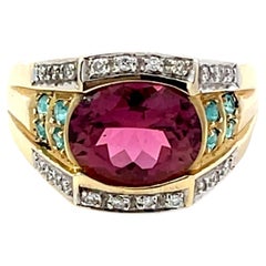 Bague en or jaune 14 carats avec grenat rubellite rose, tourmaline paraiba bleue et diamants