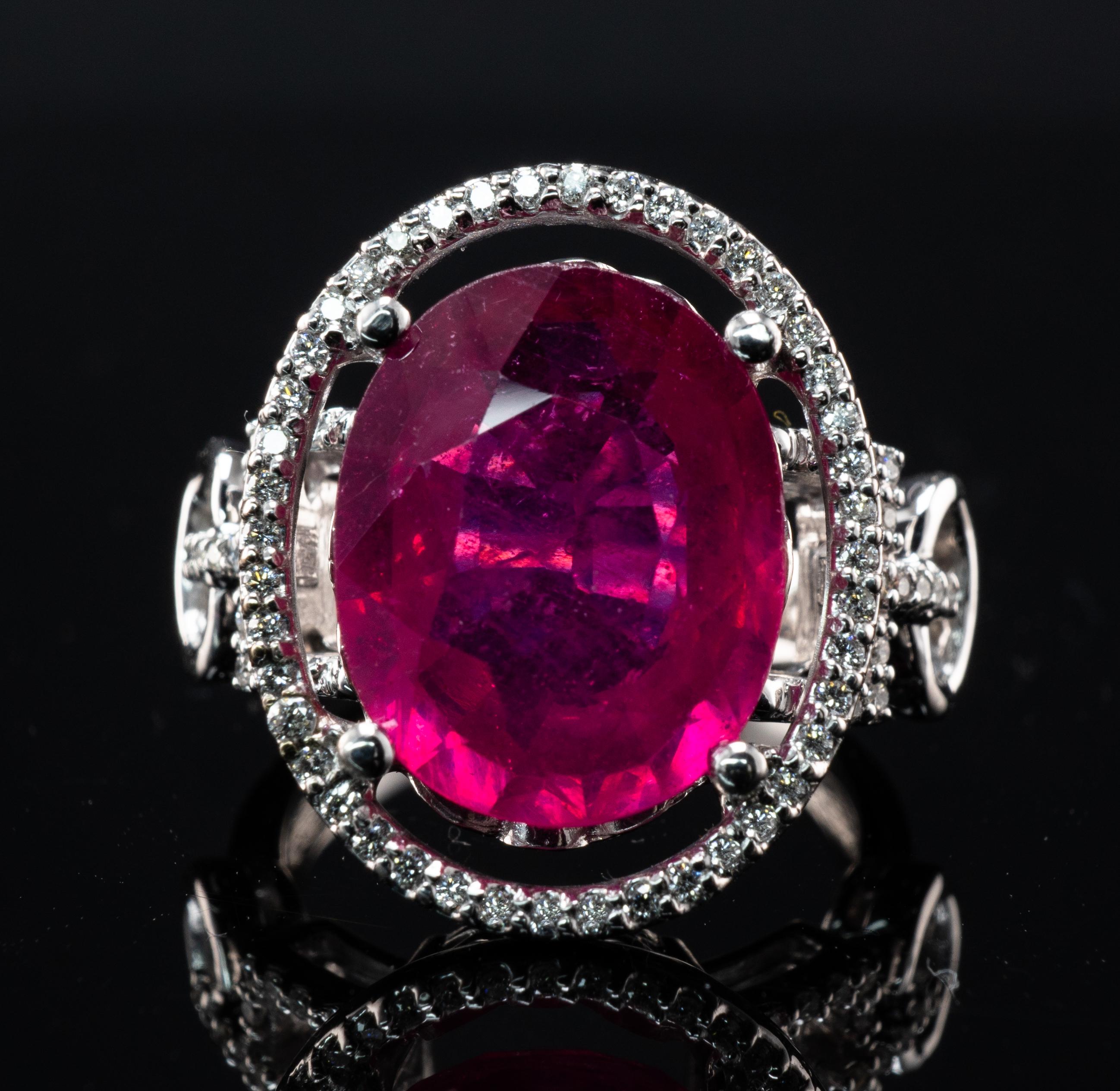 Oval Cut Natural Pink Ruby Diamond Ring 14K White Gold Cocktail For Sale