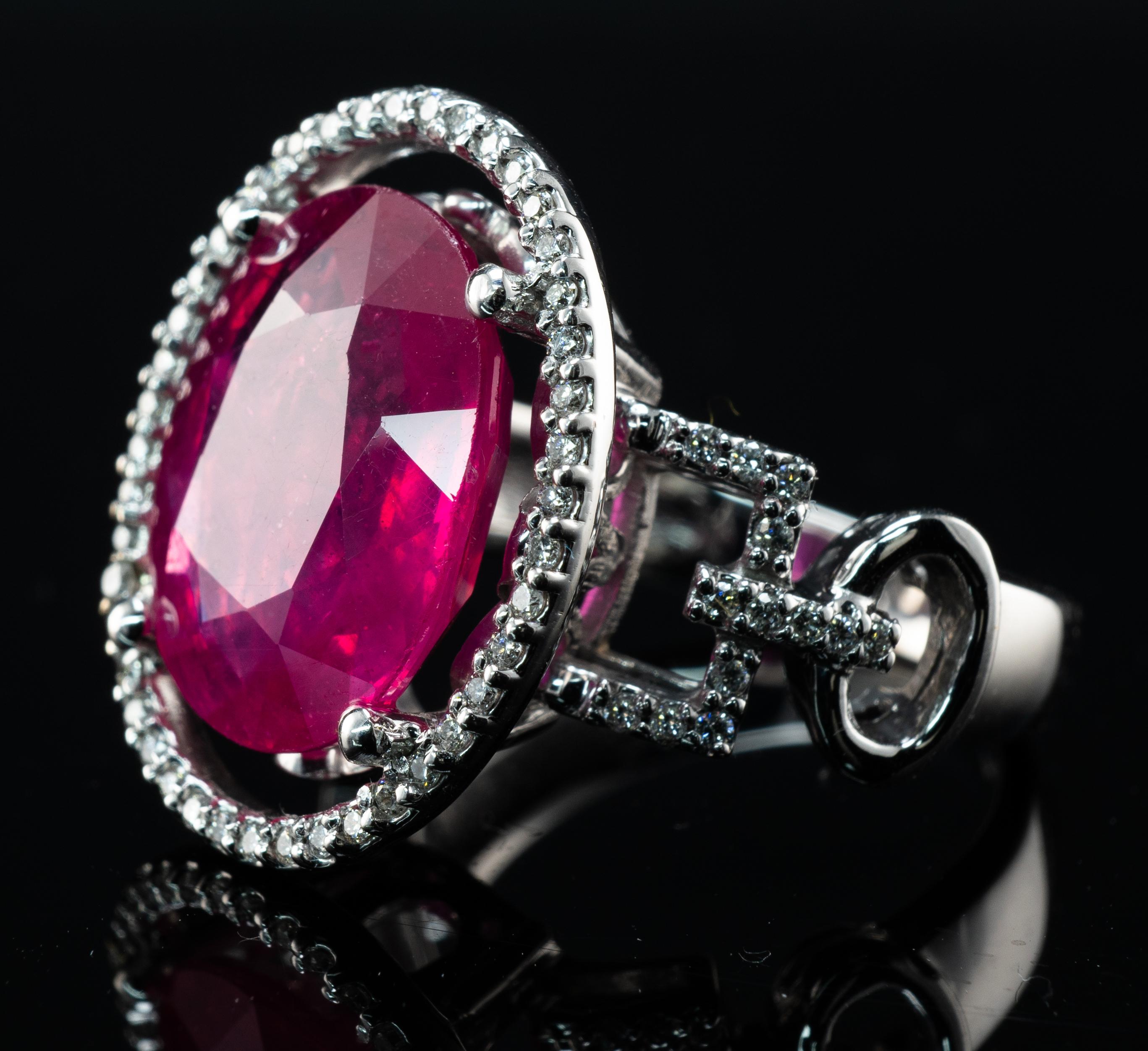 Natural Pink Ruby Diamond Ring 14K White Gold Cocktail In Good Condition For Sale In East Brunswick, NJ