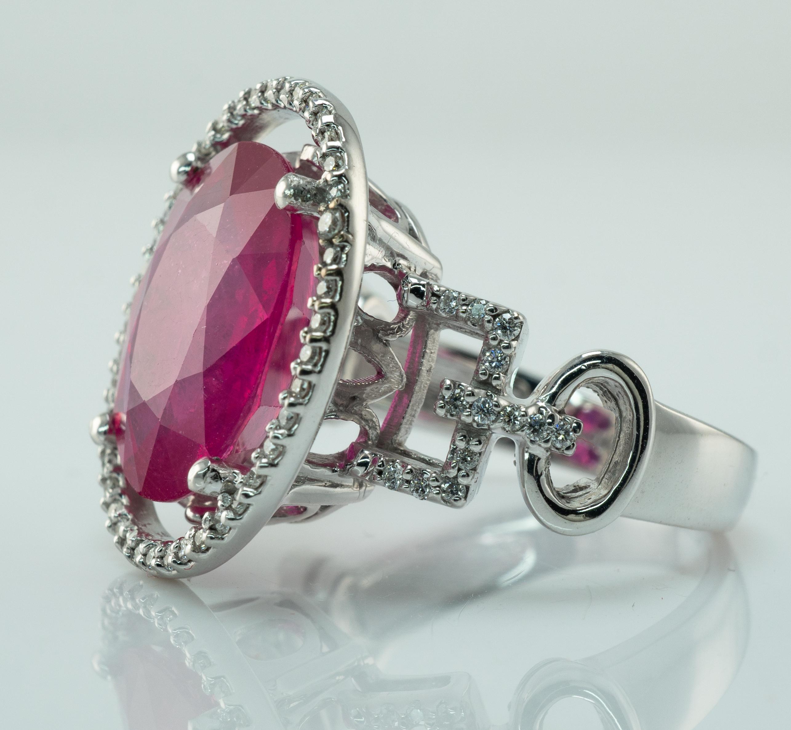 Natural Pink Ruby Diamond Ring 14K White Gold Cocktail For Sale 3