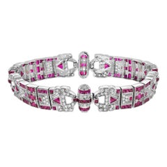 Pink Ruby & Diamond Vintage Style Antique Inspired Unique White Gold Bracelet