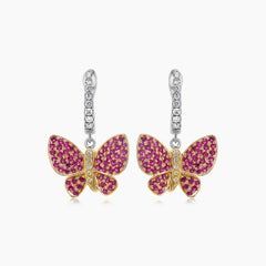 Pink Ruby & Diamonds Butterfly Sweet 18K White Yellow Gold Clip Earrings
