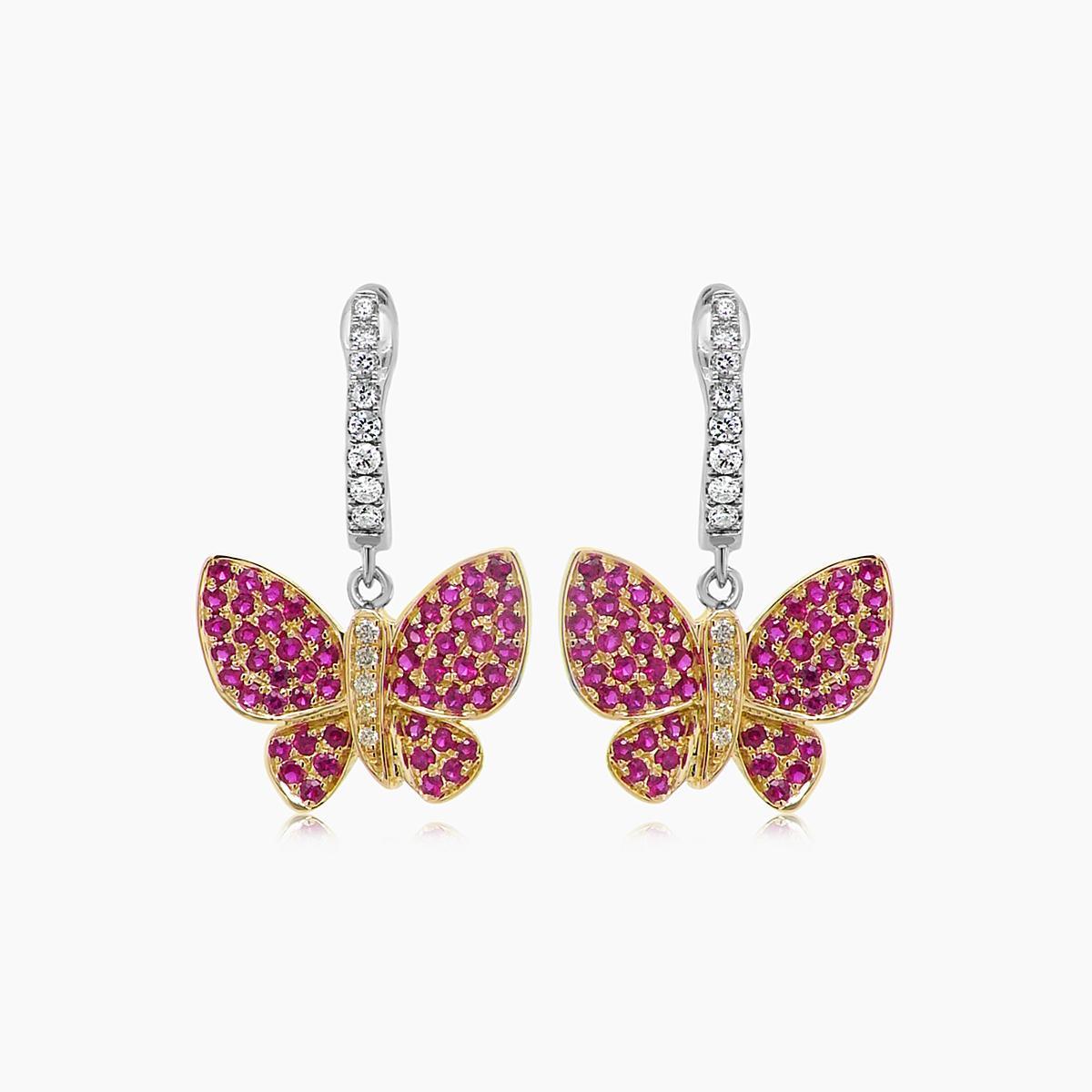 Mixed Cut Pink Ruby & Diamonds Butterfly Sweet 18K White Yellow Gold Clip Earrings For Sale