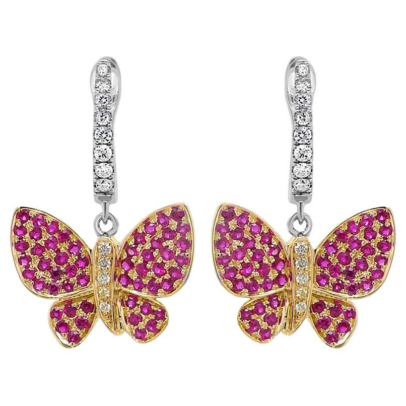 Pink Ruby & Diamonds Butterfly Sweet 18K White Yellow Gold Clip Earrings