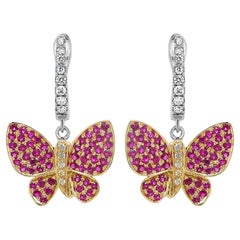 Pink Ruby & Diamonds Butterfly Sweet 18K White Yellow Gold Clip Earrings