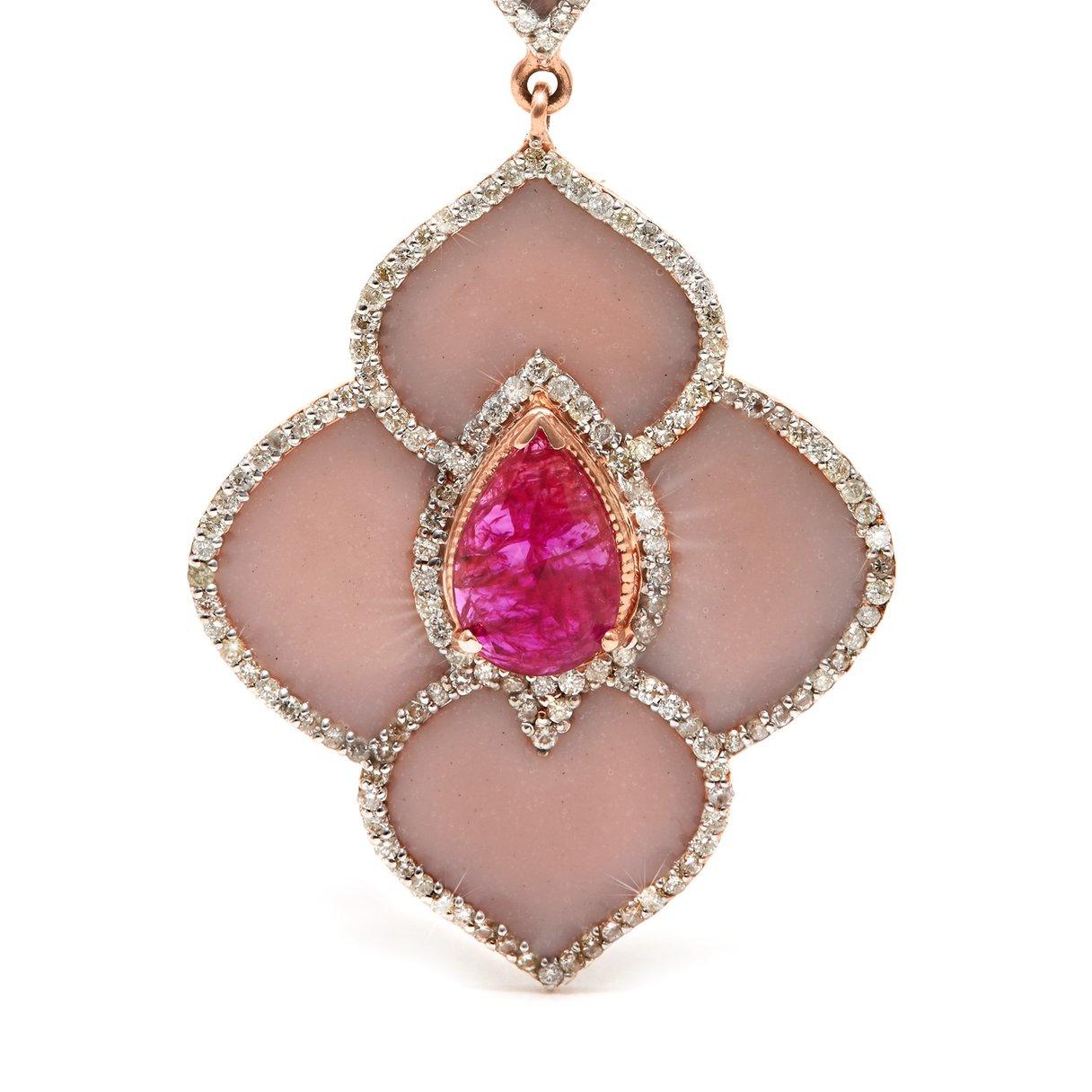 The exceptional fire of natural, unheated Mozambique Pink Rubies against a backdrop of cool Rose Pink enamel drop earrings with softly sloping curved edges accented with Brilliant Cut White Diamonds. Breathtakingly gorgeous and the ultimate in