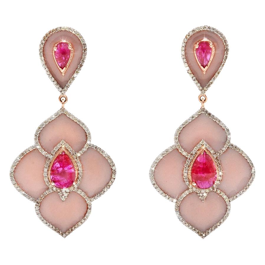 Pink Ruby Enamel Diamond Chandelier Earrings
