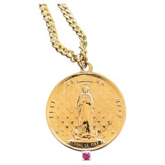 Pink Ruby French Medal Coin Necklace Chain Jeanne Le Mat J Dauphin