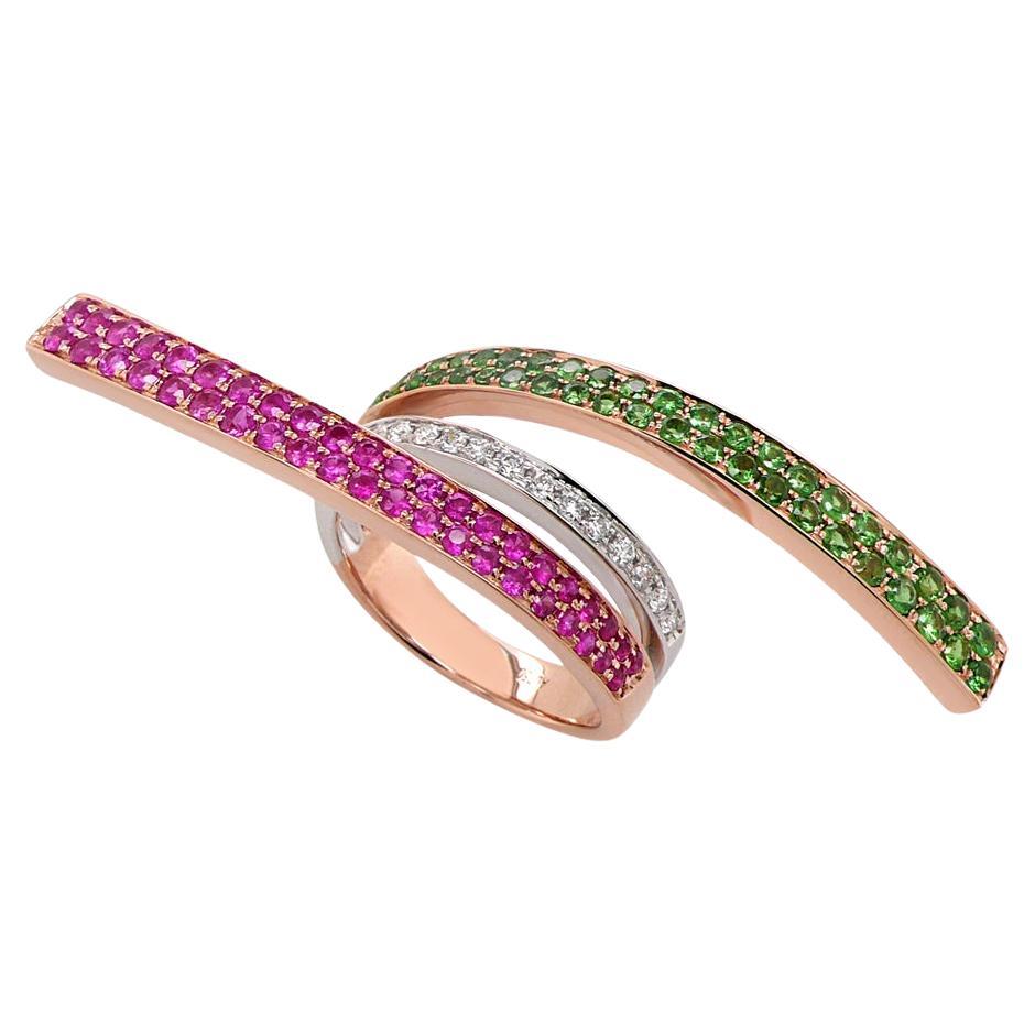 Bague en or blanc et rose 18 carats rubis vert grenat blanc diamant