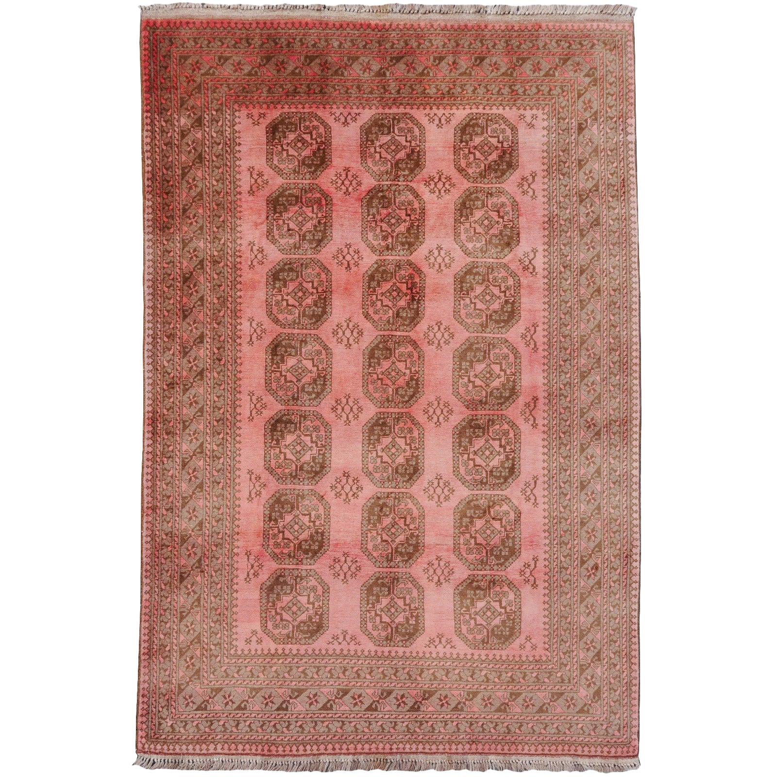 Pink Rug Ersari Tribal Turkoman Hand Knotted Semi Antique Carpet