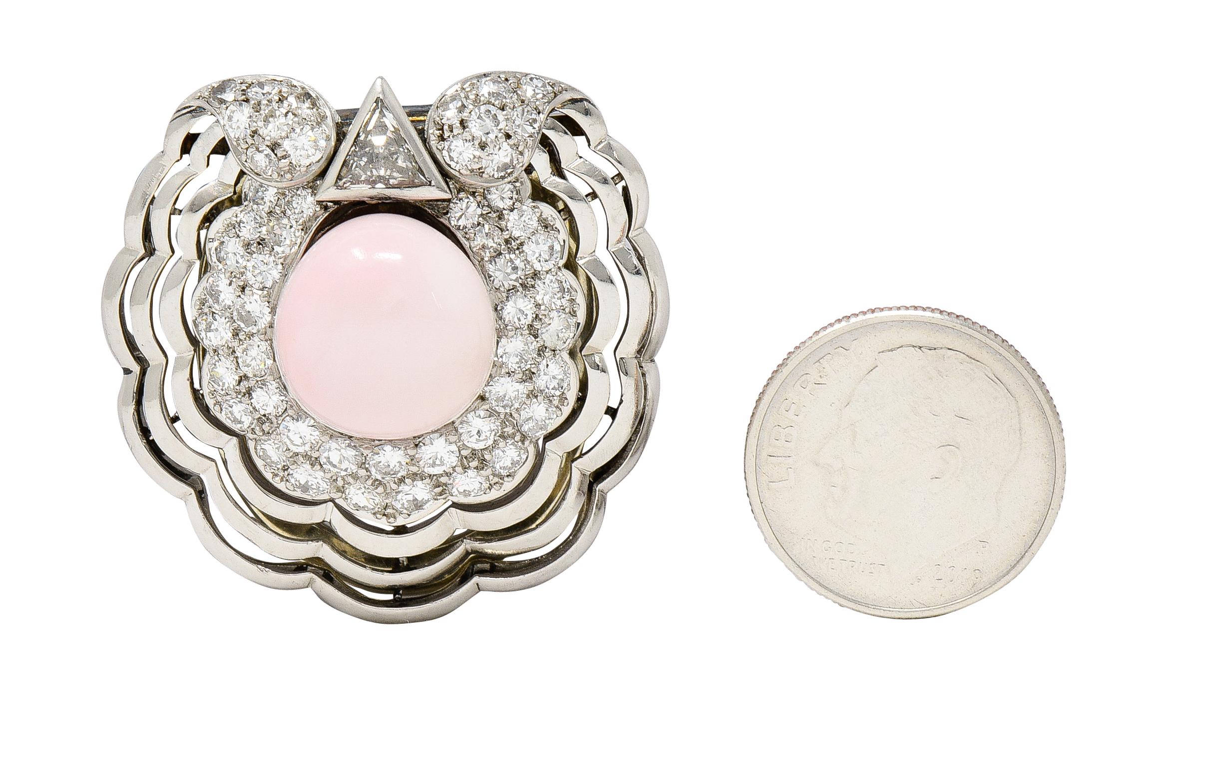 Pink Saltwater Conch Pearl Diamond Platinum Scallop Shell Midcentury Brooch GIA For Sale 4