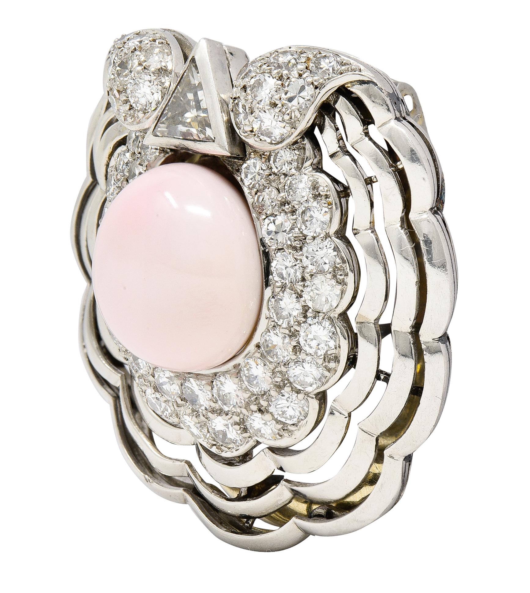Round Cut Pink Saltwater Conch Pearl Diamond Platinum Scallop Shell Midcentury Brooch GIA For Sale