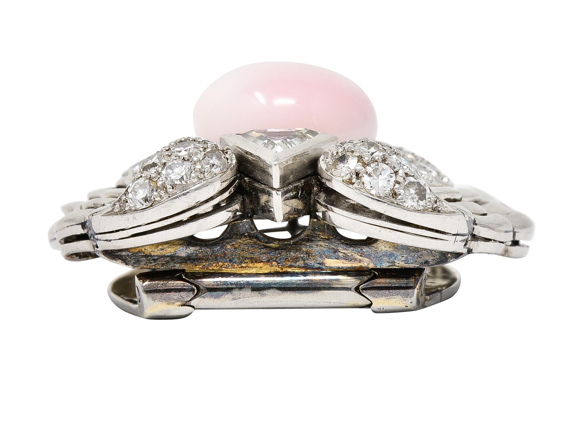 Women's or Men's Pink Saltwater Conch Pearl Diamond Platinum Scallop Shell Midcentury Brooch GIA For Sale