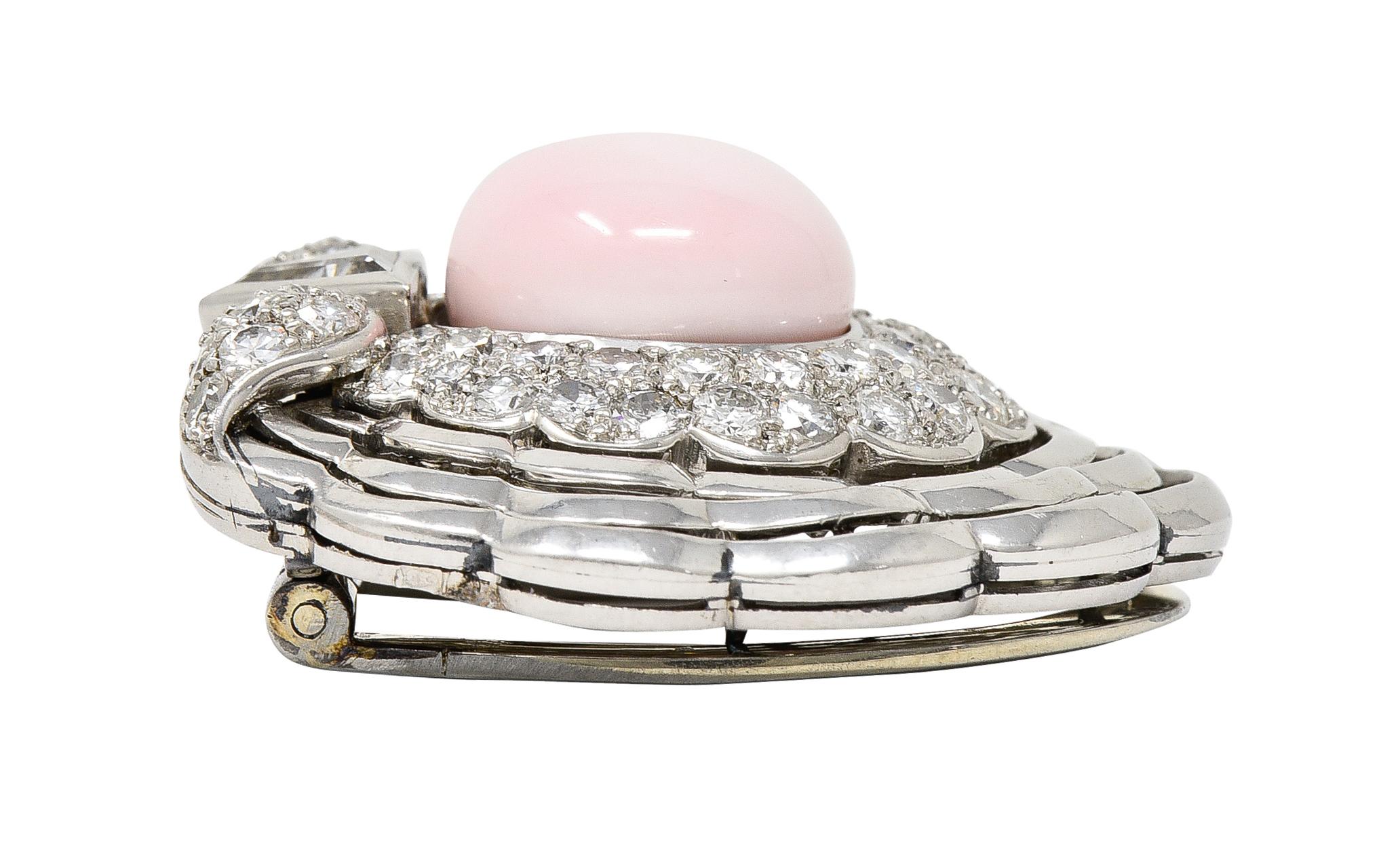 Pink Saltwater Conch Pearl Diamond Platinum Scallop Shell Midcentury Brooch GIA For Sale 1