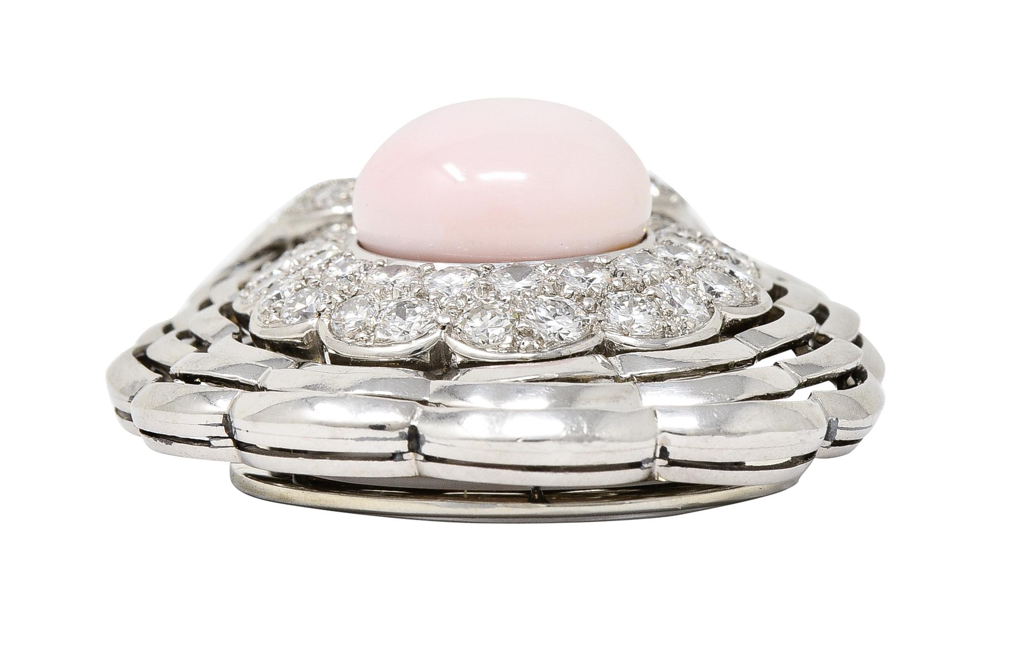 Pink Saltwater Conch Pearl Diamond Platinum Scallop Shell Midcentury Brooch GIA For Sale 2
