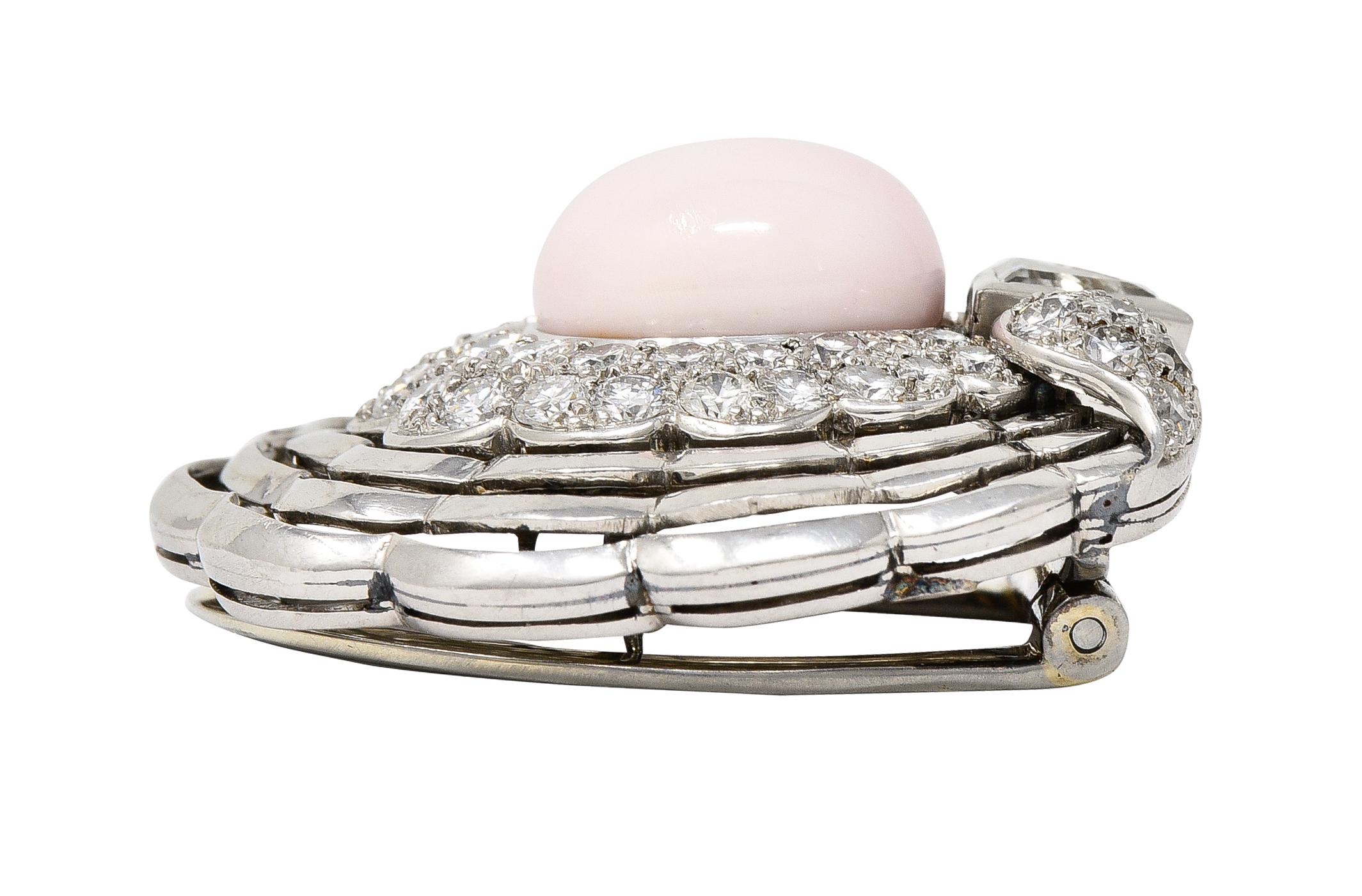 Pink Saltwater Conch Pearl Diamond Platinum Scallop Shell Midcentury Brooch GIA For Sale 3