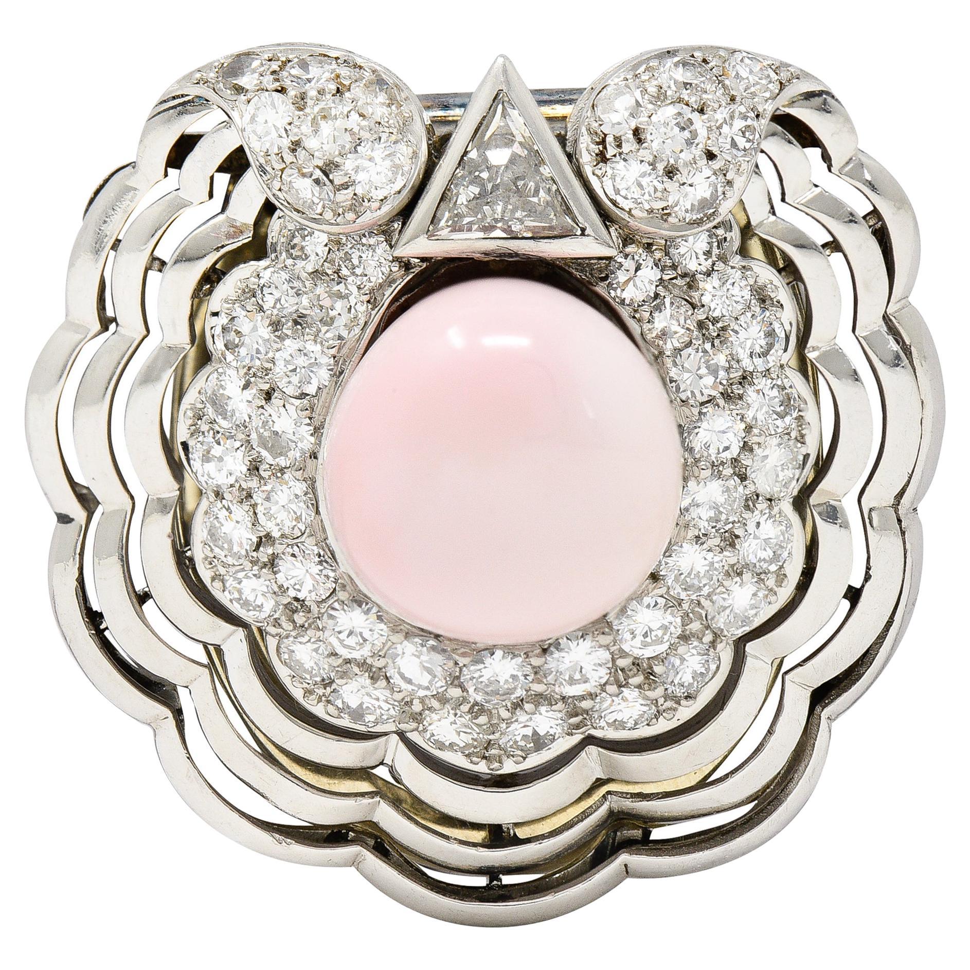 Pink Saltwater Conch Pearl Diamond Platinum Scallop Shell Midcentury Brooch GIA