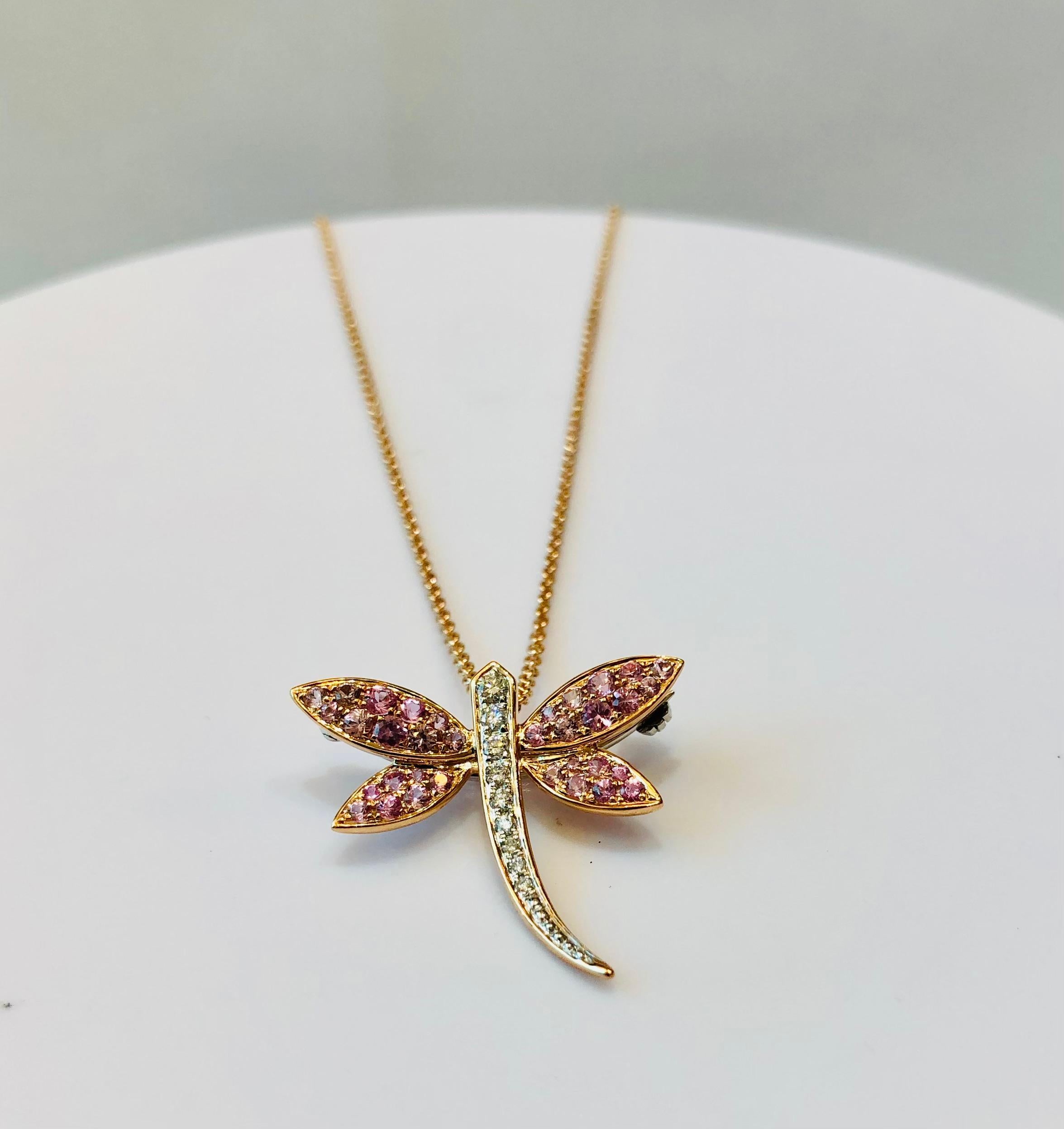 Pink Saphires and diamonds dragonfly pendant brooche and necklace 
with 42cm long white gold chain of 5.60gr 18k gold 
Diamonds EFVVS 43 total 0.63cts 
Also medium size in yellow saphires and other colours ..

Request Availabiltiy

PRADERA is a