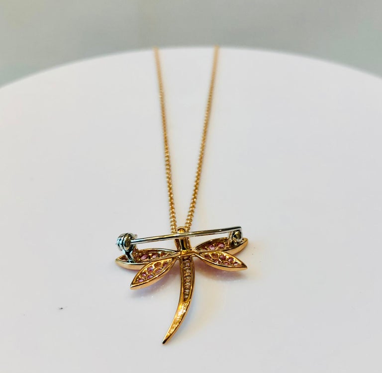 Pink Saphires and Diamonds Dragonfly Pendant Brooche and Necklace For Sale  at 1stDibs