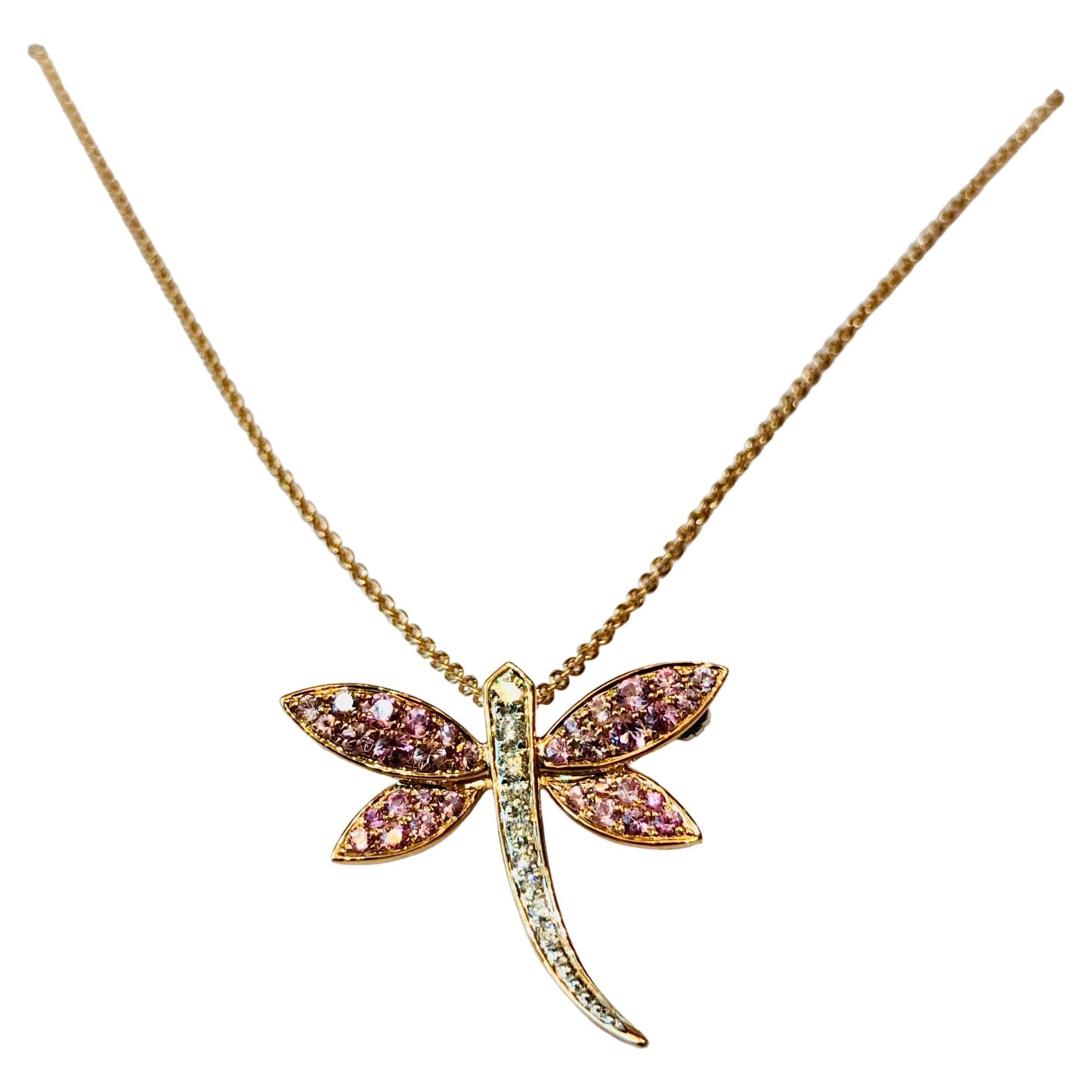 Brosche und Halskette mit Libellenanhänger in Rosa mit Saphiren und Diamanten