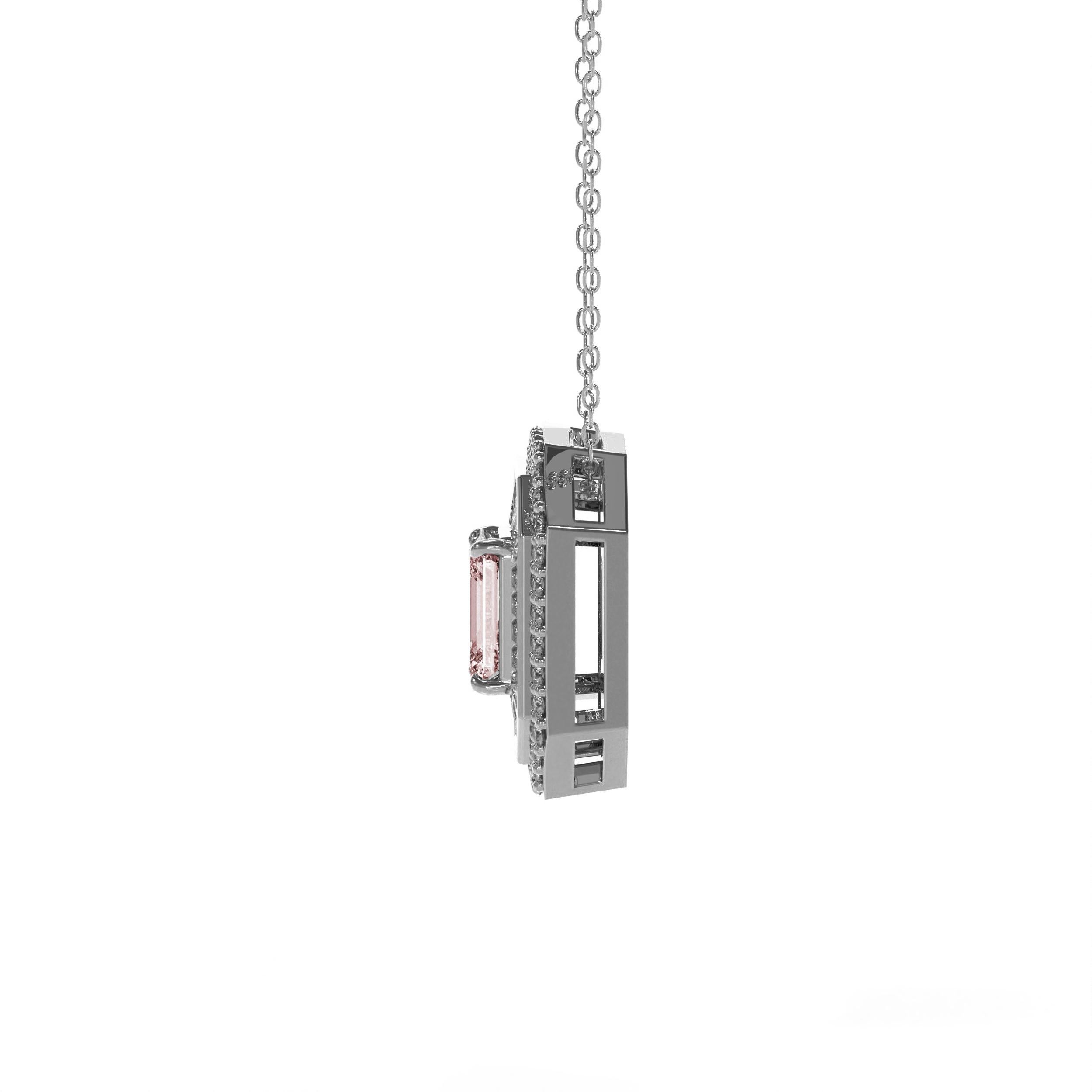 Taglio smeraldo Collana con zaffiro rosa taglio smeraldo e diamante Baguette Burst in oro 14 K. in vendita