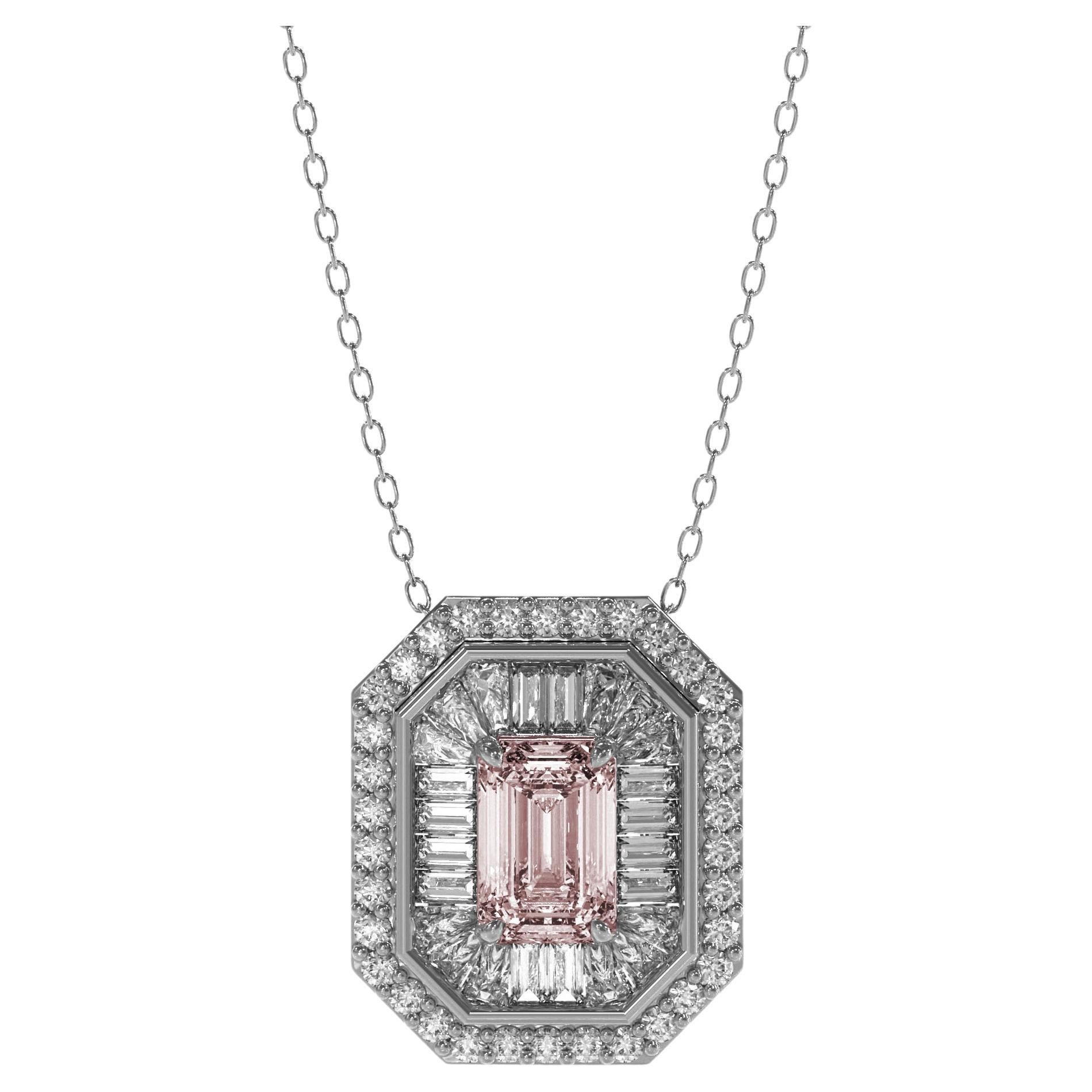 Collana con zaffiro rosa taglio smeraldo e diamante Baguette Burst in oro 14 K.
