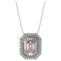 Pink Sapphire Emerald Cut Diamond Baguette Burst 14 K Gold Pendant Necklace