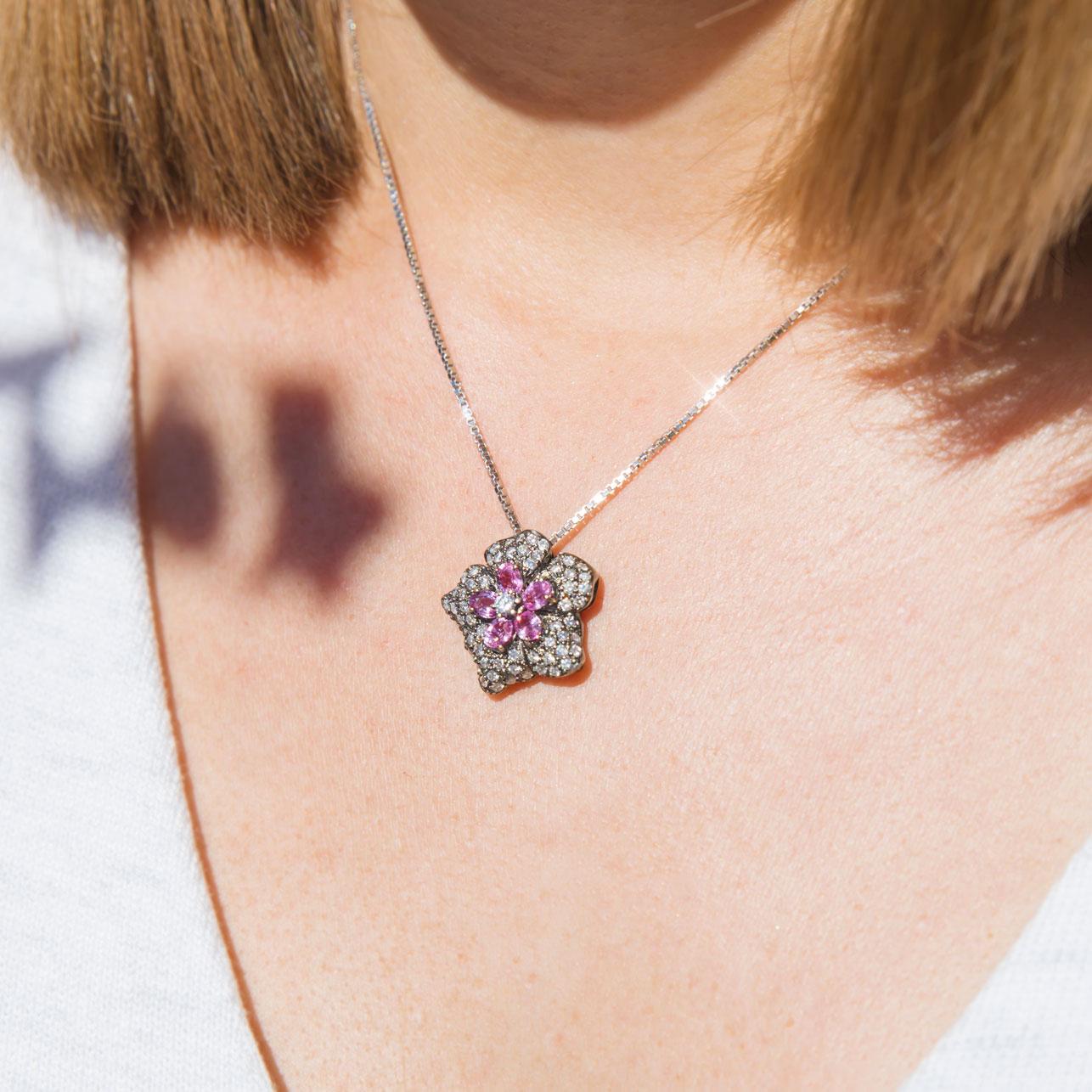 Women's Pink Sapphire 0.81 Carat Diamond 18 Carat Gold Vintage Cluster Slider Pendant