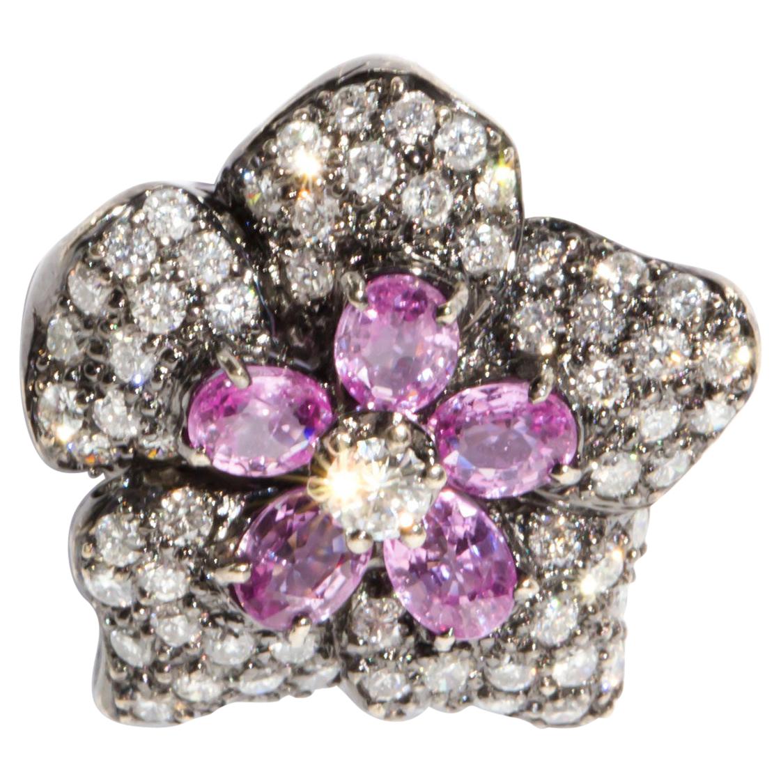 Pink Sapphire 0.81 Carat Diamond 18 Carat Gold Vintage Cluster Slider Pendant