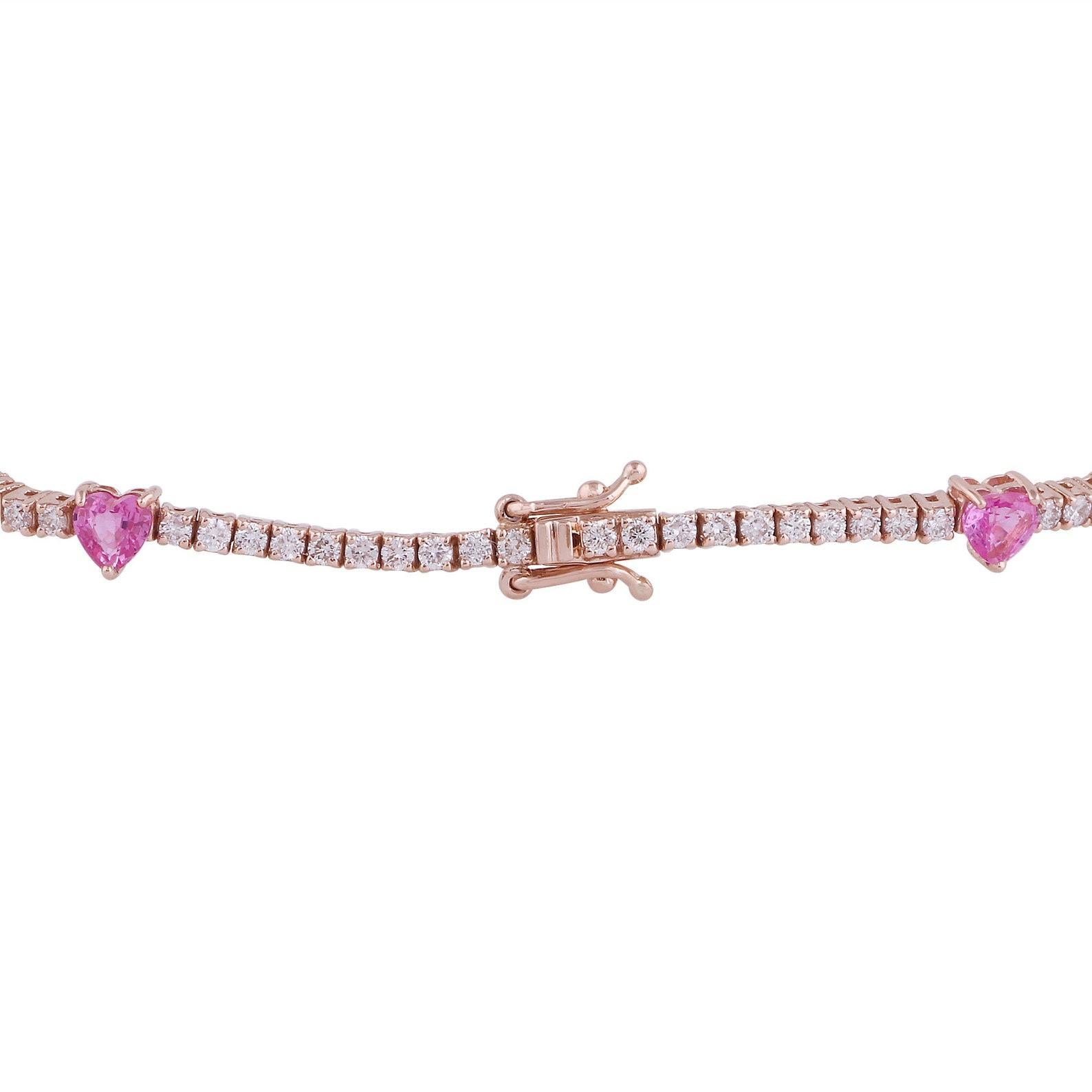14 Karat Gold Tennis Herz-Diamant-Armband mit rosa Saphir (Moderne) im Angebot