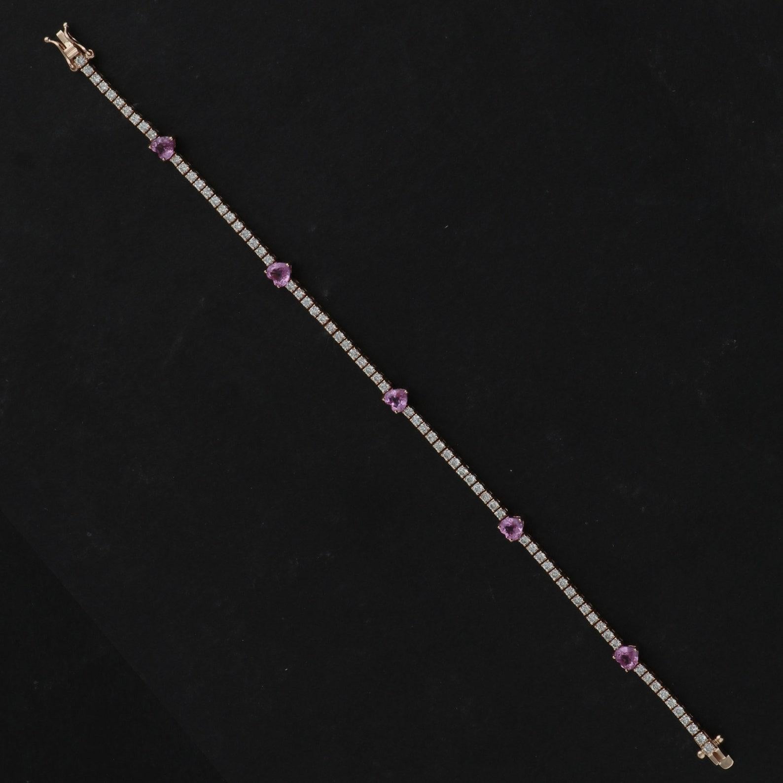 14 Karat Gold Tennis Herz-Diamant-Armband mit rosa Saphir (Gemischter Schliff) im Angebot