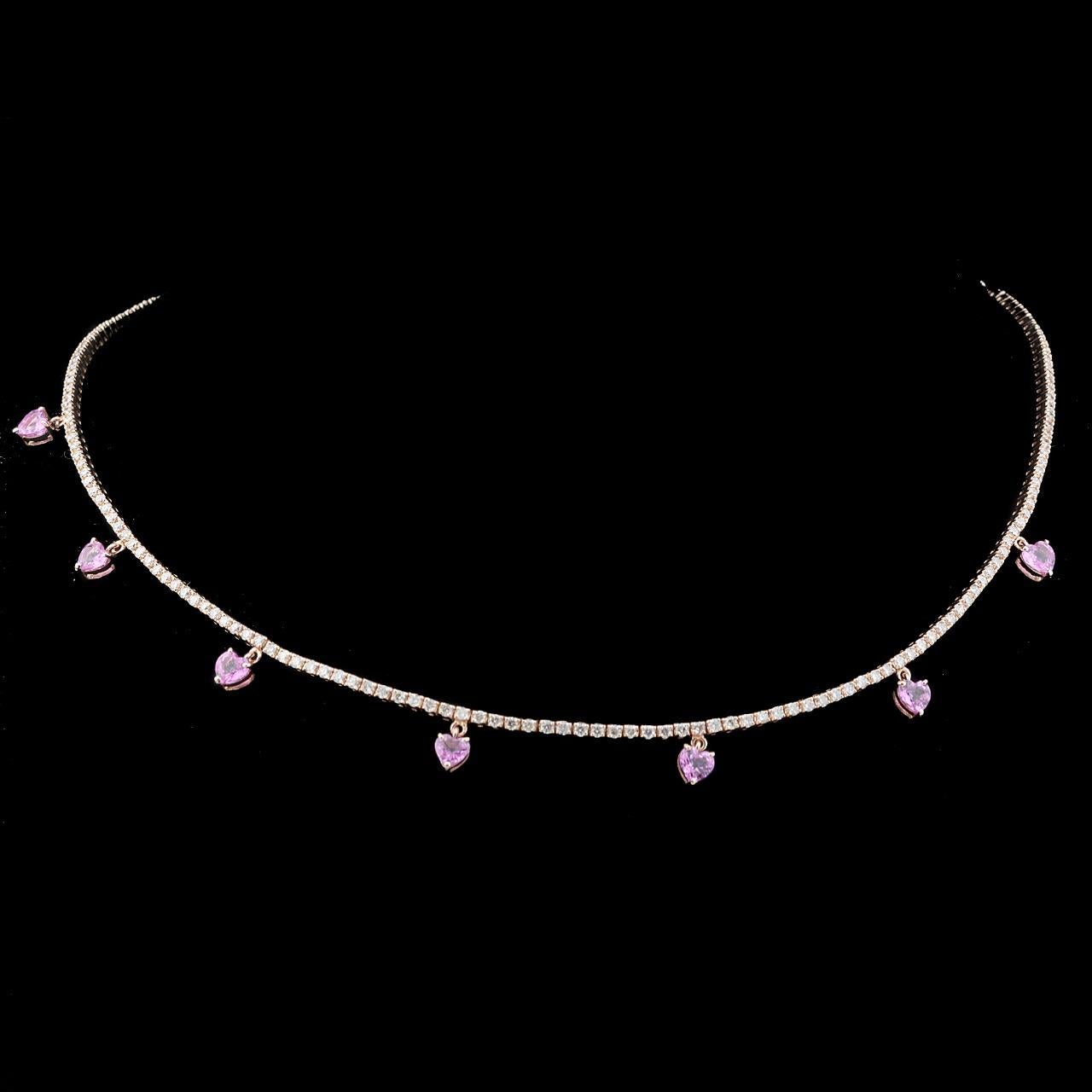 14 Karat Gold Tennis Herz-Diamant-Armband mit rosa Saphir im Zustand „Neu“ im Angebot in Hoffman Estate, IL