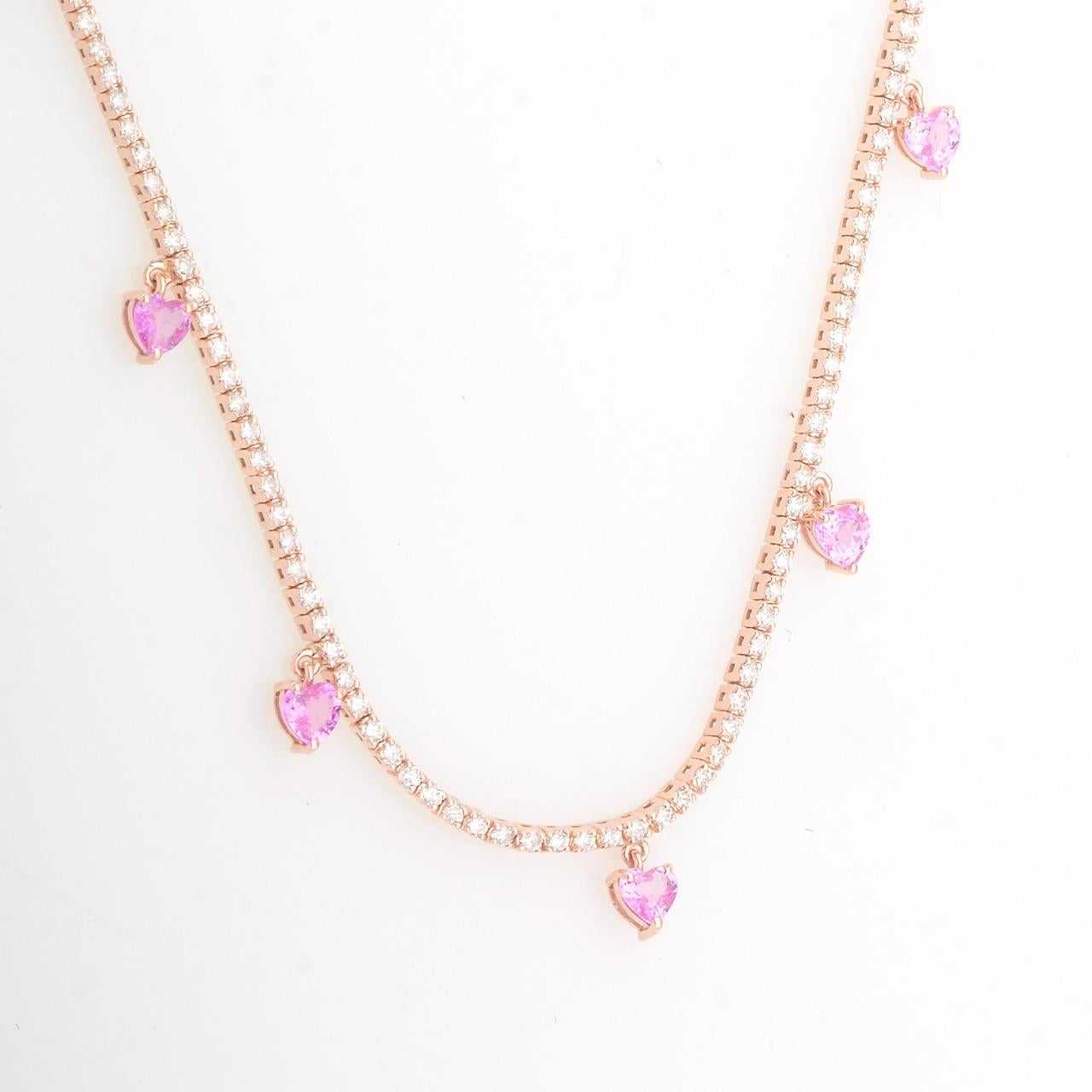 14 Karat Gold Tennis Herz-Diamant-Armband mit rosa Saphir Damen im Angebot