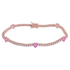 Pink Sapphire 14 Karat Gold Tennis Heart Diamond Bracelet
