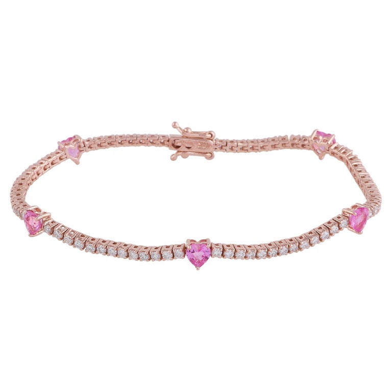 Pink Sapphire 14 Karat Gold Tennis Heart Diamond Bracelet For Sale at  1stDibs | gold bracelet with pink heart, pink sapphire bracelet, pink  diamond bracelet