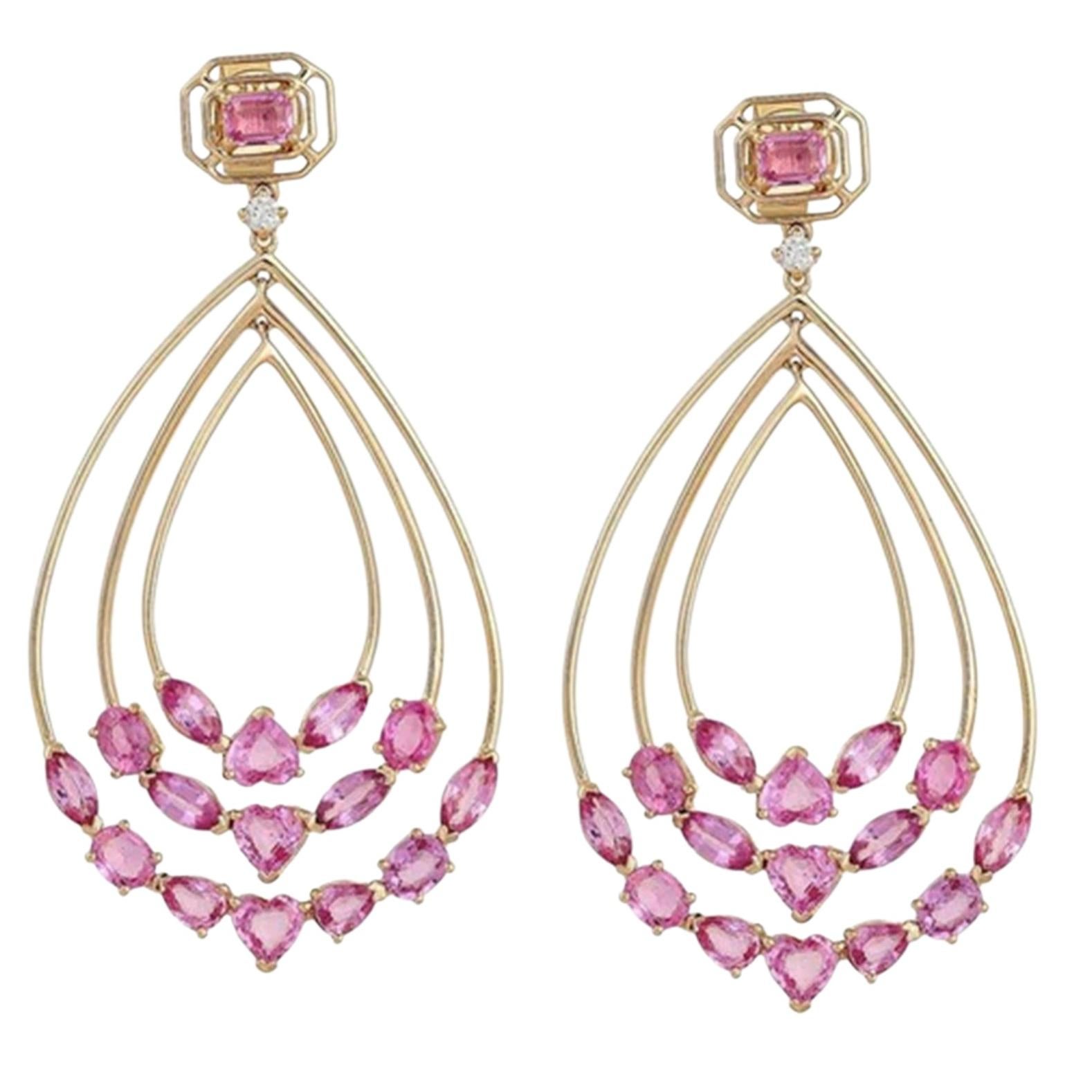 6.90ct Pink Sapphire & Diamond 14K Yellow Gold Chandelier Earrings
