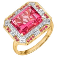 Pink Sapphire 14K (or 18k upon request) Yellow Gold Tourmaline Diamond Halo Ring