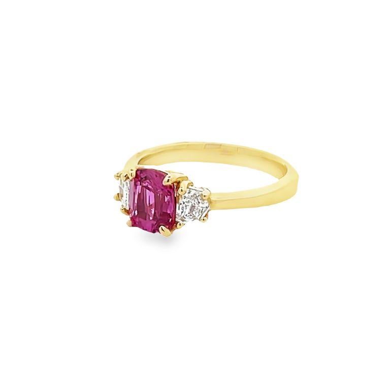 Modern Pink Sapphire 1.74 CT GIA No Heat & Cadillac Diamonds 0.39CT in 18K Yellow Ring For Sale