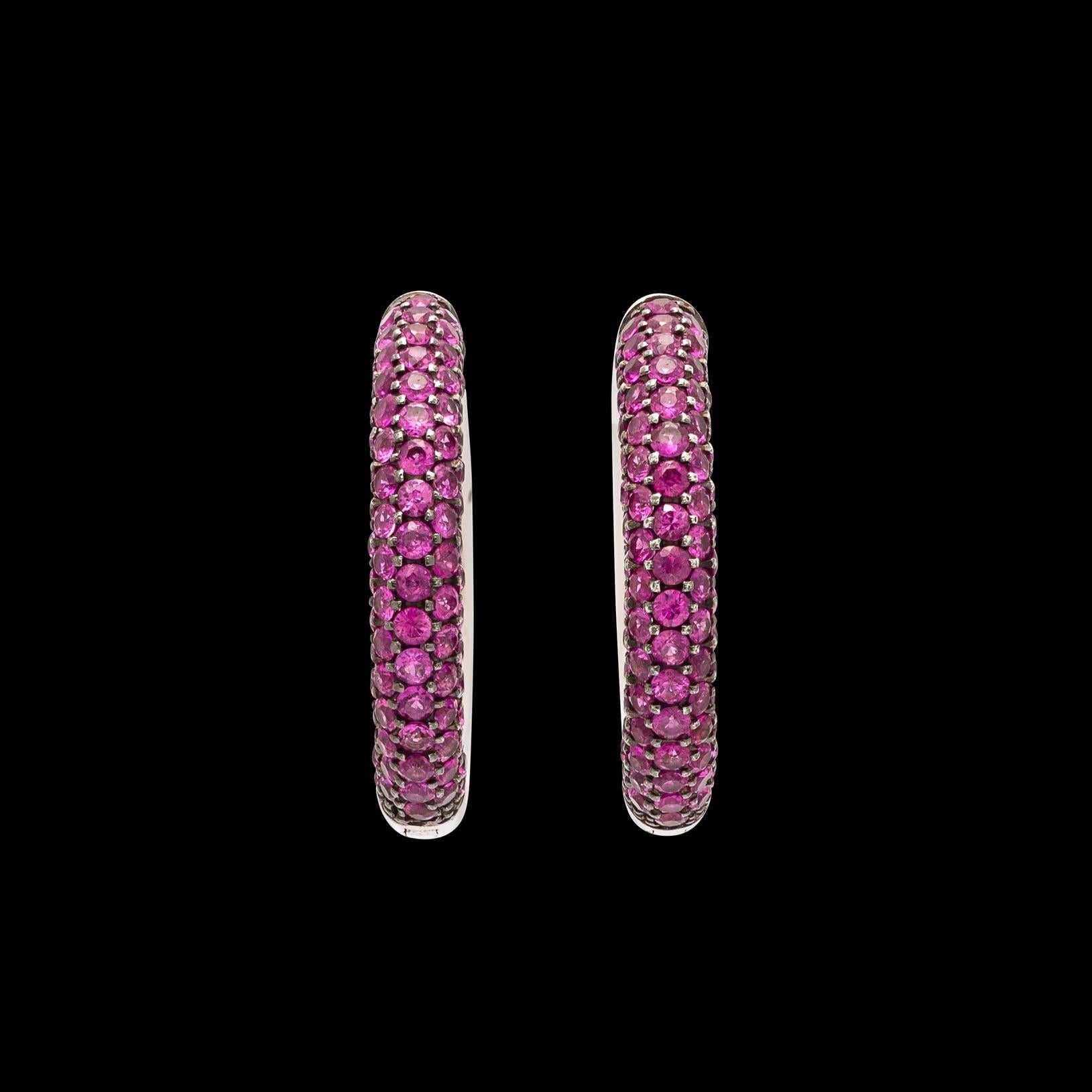 Contemporary Pink Sapphire and 18 Karat White Gold Hoop Earrings For Sale