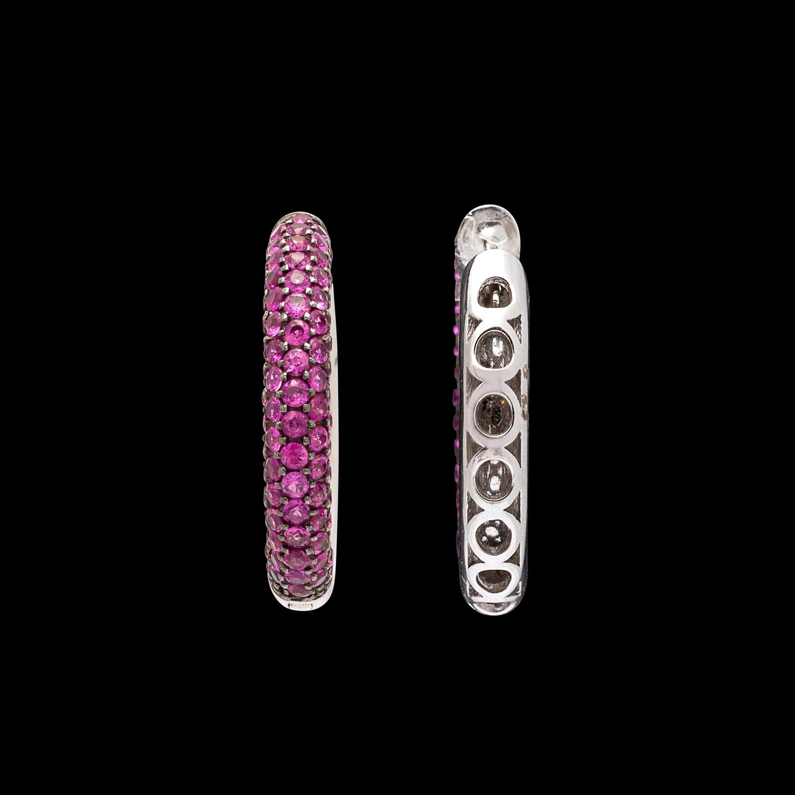 Round Cut Pink Sapphire and 18 Karat White Gold Hoop Earrings For Sale