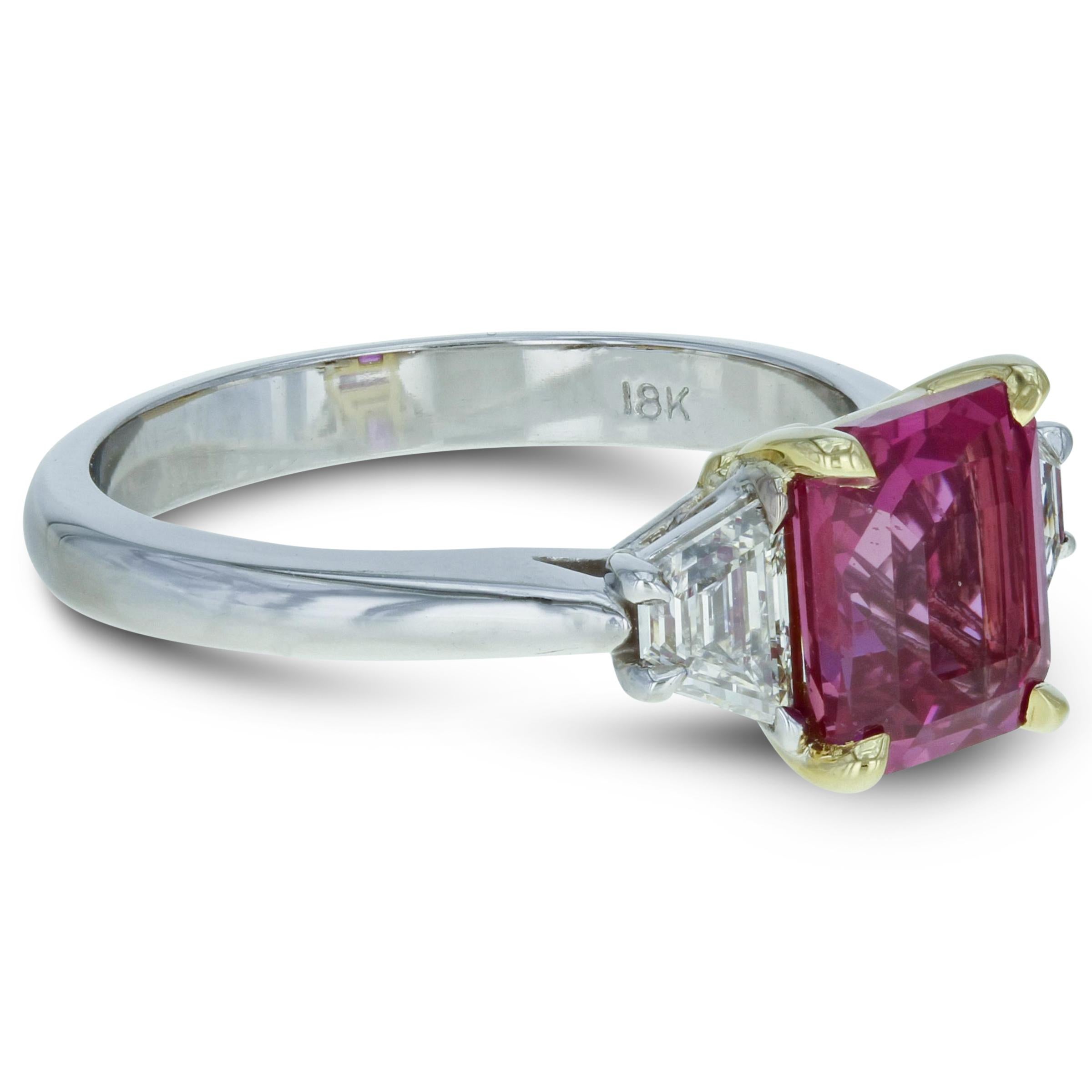 Pink Sapphire 2.61ct And Diamond Three Stone Ring 18K White Gold
Details:
A gorgeous pink sapphire diamond ring.
Centering on beautiful girly pink natural sapphire, weighing 2.61 carats, accompanied by AGL Gem Stone Grading Report which is embraced