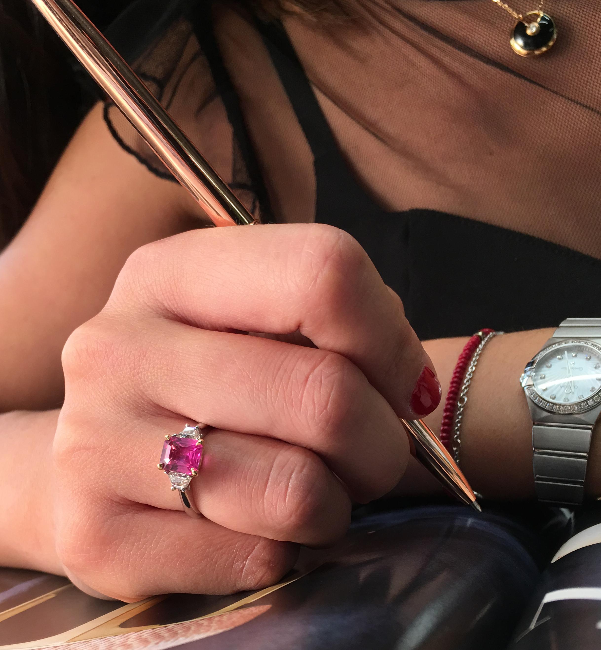 Women's Pink Sapphire 2.61 Carat and Diamond Three-Stone Ring 18 Karat White Gold
